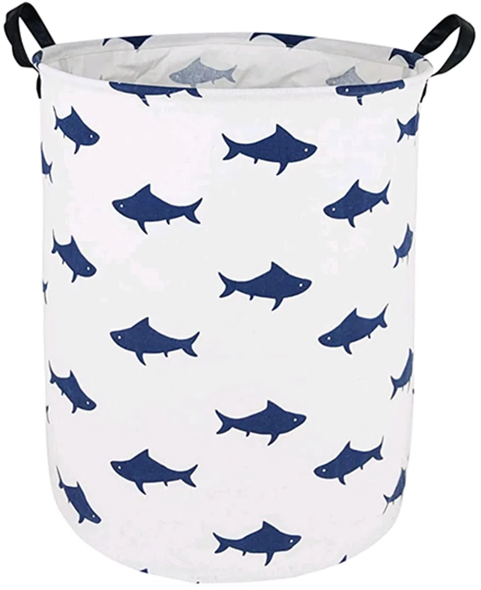 Runder Wäschekorb mit Haifisch-Muster, Aufbewahrungskorb, Stoffmaterial, Aufbewahrungskorb, Aufbewahrungskorb, Geschenkbox, mit Griffen für Zimmer