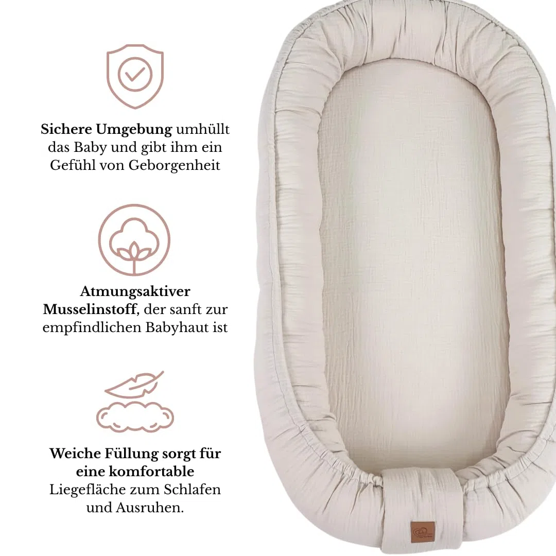 WIKLINOPOL Babynest, Nestchen für Neugeborene – Baby Nestchen 80x46 cm in Beige, Tragbares Nest aus Musselin - Baby Nest für Neugeborene mit herausnehmbarer Matratze
