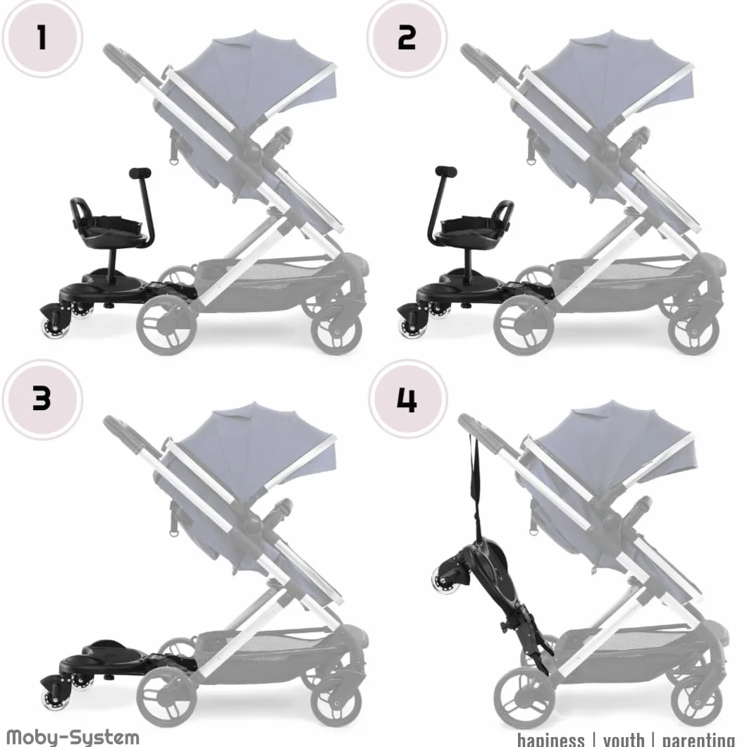 Moby-System, Board mit Sitz für Rollstühle mit Sitz Universelle Plattform für ältere Kinder, Leuchtende LED-Räder mit Stoßdämpfung passend für jeden Kinderwagen