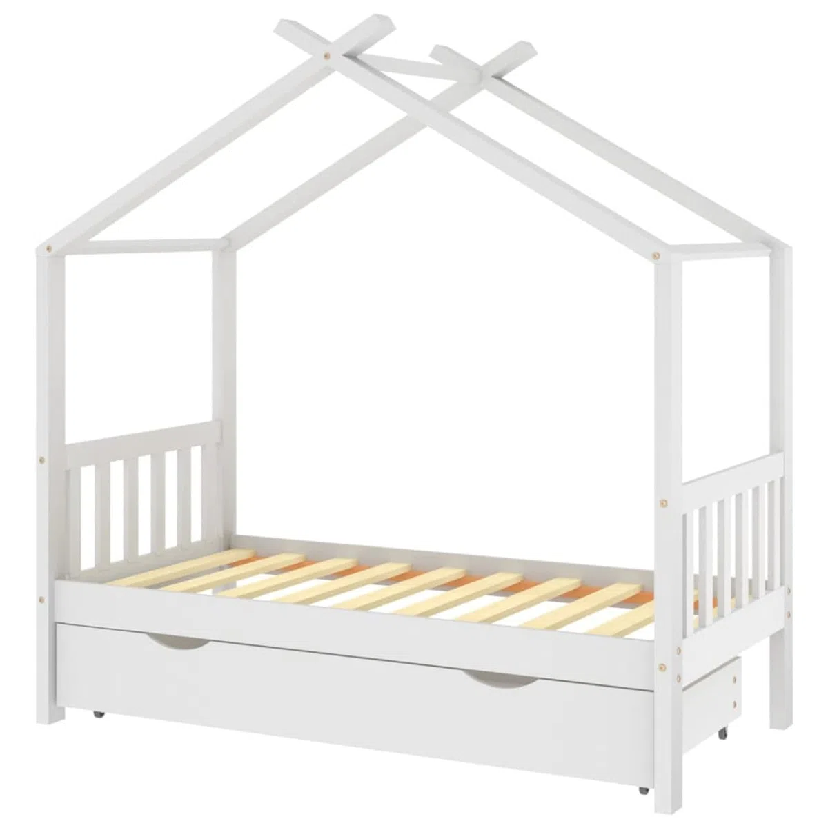 Chusui Kinderbett mit Schublade, Kinderbett, Hausbett, Kinder Bett, Betten, Weiß Massivholz Kiefer 80x160 cm