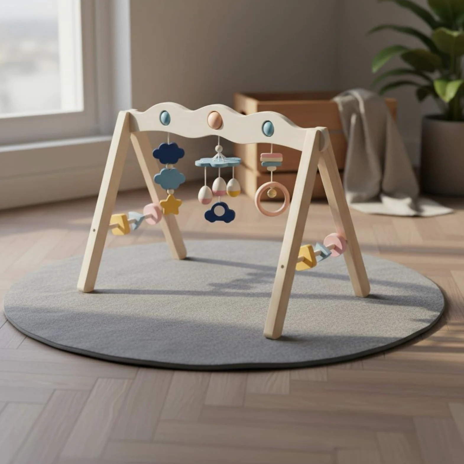 Kinder Fitnessständer Babyspielbogen Holz Spielrahmen Aktivitätsbogen Motoriktrainer mit Stabilem Buchenholz Rahmen Und Hängenden Formen Unterstützt