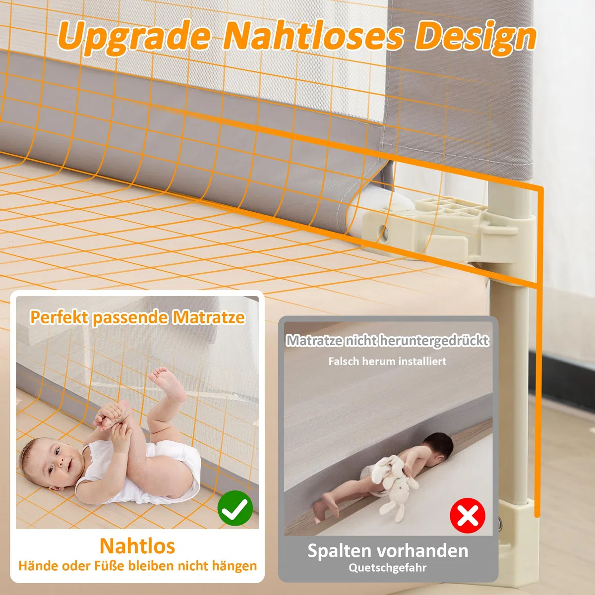Bettgitter für Kleinkinder, 200cm Bettschutzgitter Kinderbettgitter für Kinder Babybettgitter Klappbar, Kinderbett Kinderbettschutzgitter Rausfallschutz Bett, 5 Minuten schnelle Installation