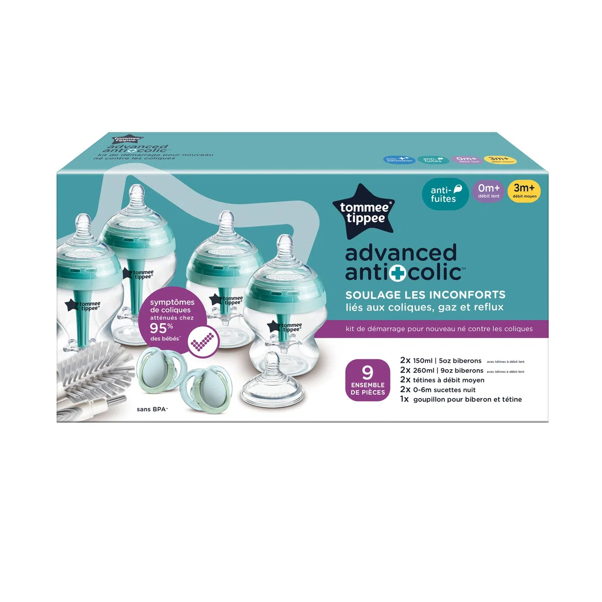 Tommee Tippee fortschrittliches Anti-Kolik-Starterset, 150-ml- und 260-ml-Babyflaschen mit Langsamsauger inbegriffen, 2 x brustähnliche Sauger für mittleren Flüssigkeitsfluss
