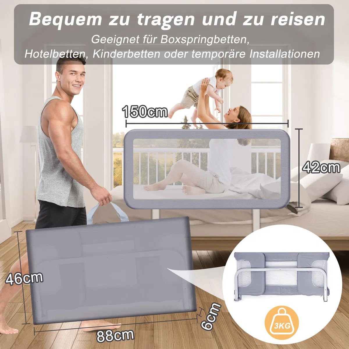 YIKANWEN Tragbare Bettgitter 175cm, Bettschutzgitter für Kinder ab 0 Monate-10 Jahren, Rausfallschutz für Kinderbetten,Boxspringbetten