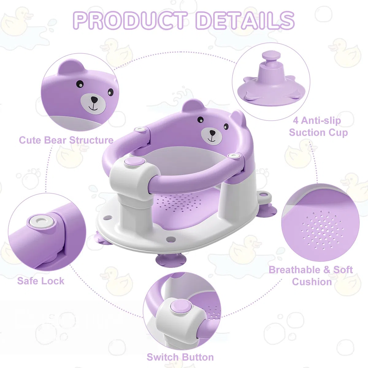 Badewannensitz Baby ab 6 Monate, Bär Rutschfester Badesitz Baby mit 4 Saugnäpfen und Kissen für Kleinkinder und Neugeborene, Sicherer Tragbarer Badstuhl für Dusche oder Badewanne, Lila