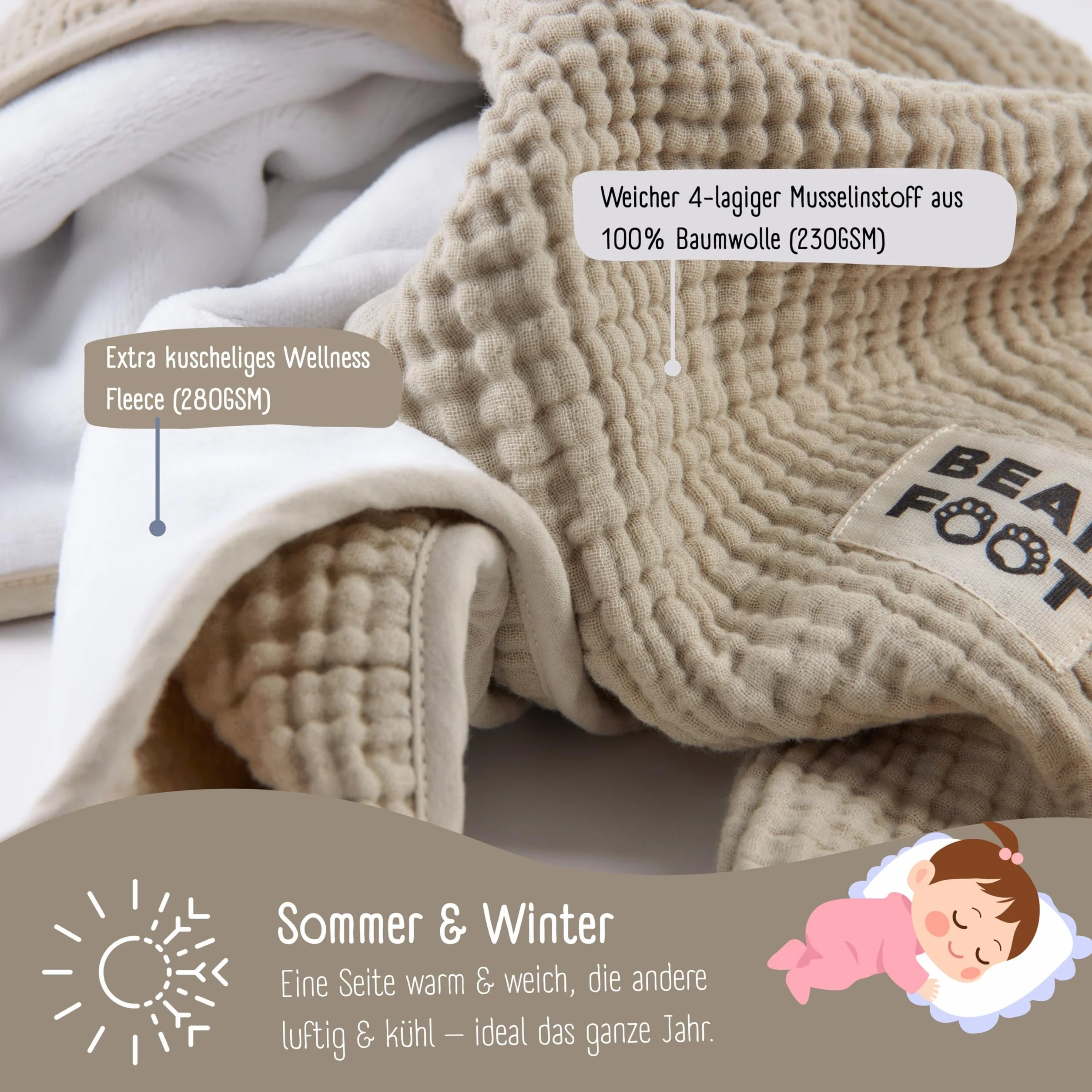 BEARFOOT Musselin Babydecke, Fleecedecke aus Baumwolle, flauschig (Summer Sand) | Flauschig weiche Kuscheldecke für Baby & Neugeborene, Geschenk für Junge & Mädchen zur Geburt