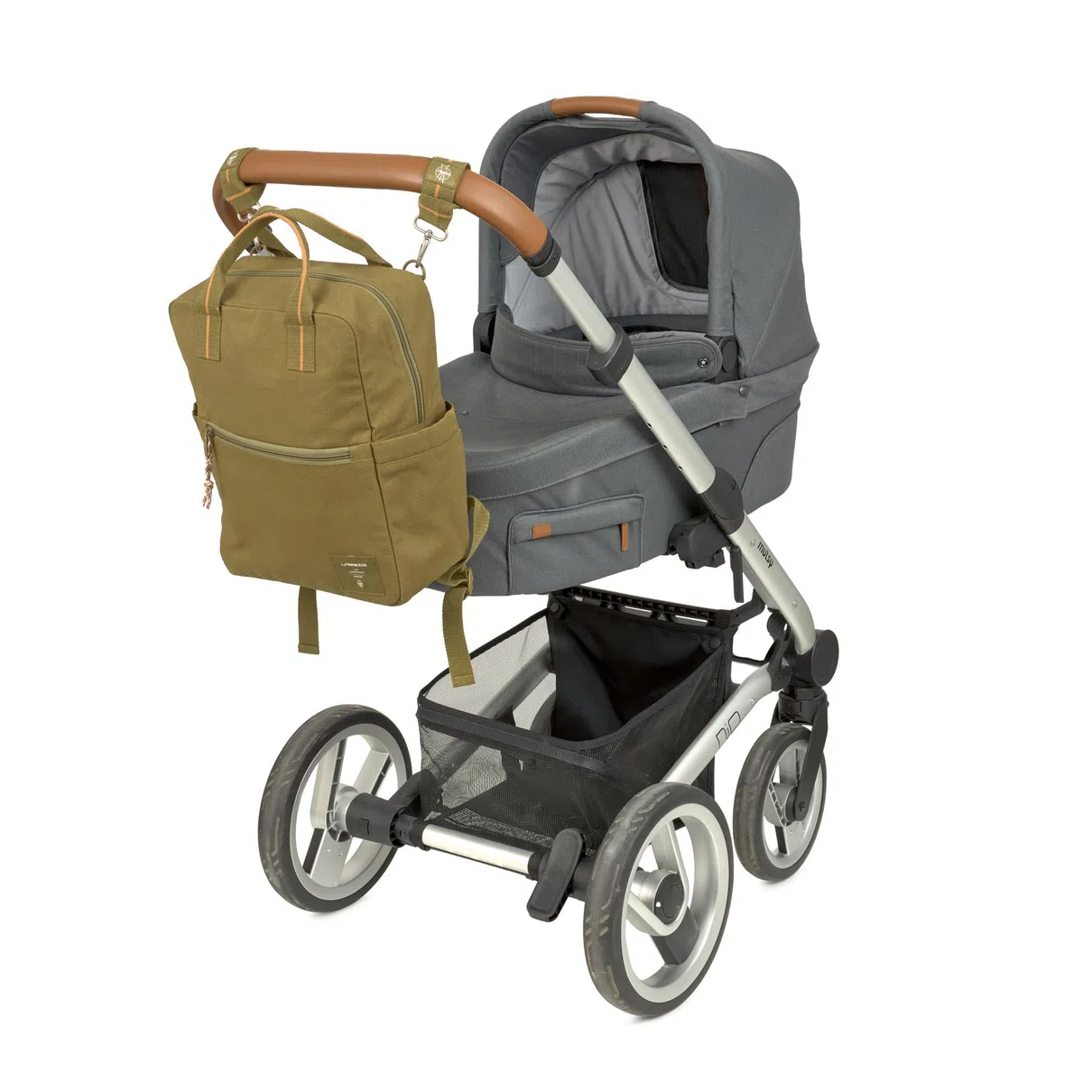 LÄSSIG Baby Wickelrucksack Wickeltasche mit Wickelunterlage und Kinderwagenbefestigung wasserabweisend/Little One & Me Square Backpack Big olive