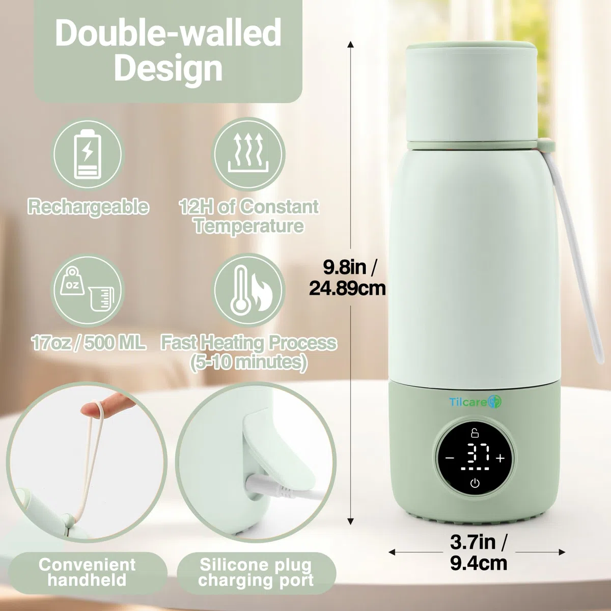 Wiederaufladbarer Milchwärmer mit Formeldispenser von Tilcare - 17oz/500ml, Schnelle Erwärmung, Präzise Temperaturkontrolle, Bis zu 12 Stunden Milchwärme mit LCD-Anzeige - Grün