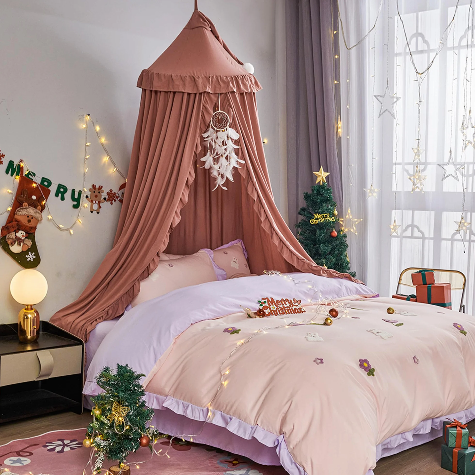 Betthimmel für Mädchen Prinzessin Runder Kuppel Träumendes Moskitonetz Bettwäsche Mädchenzimmer Schloss Spielzelt Hängendes Haus Dekor Leseecke Baldachine(Bohnenpaste rot)