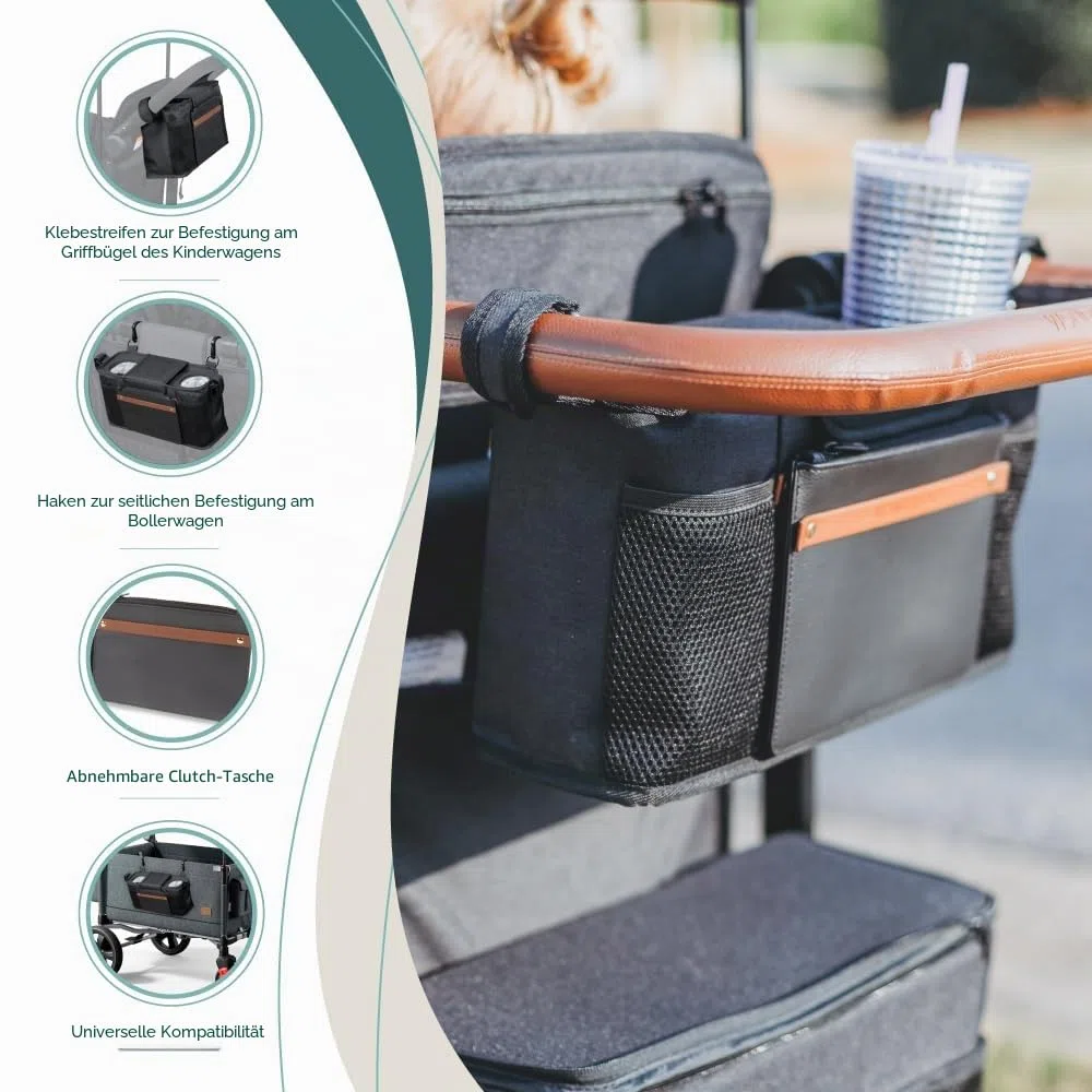 WONDERFOLD Kinderwagen-Organizer mit isolierten Getränkehaltern, Klettverschluss-Griffbefestigung, 2 Aufbewahrungstaschen und abnehmbarem Schultergurt für einfachen Transport