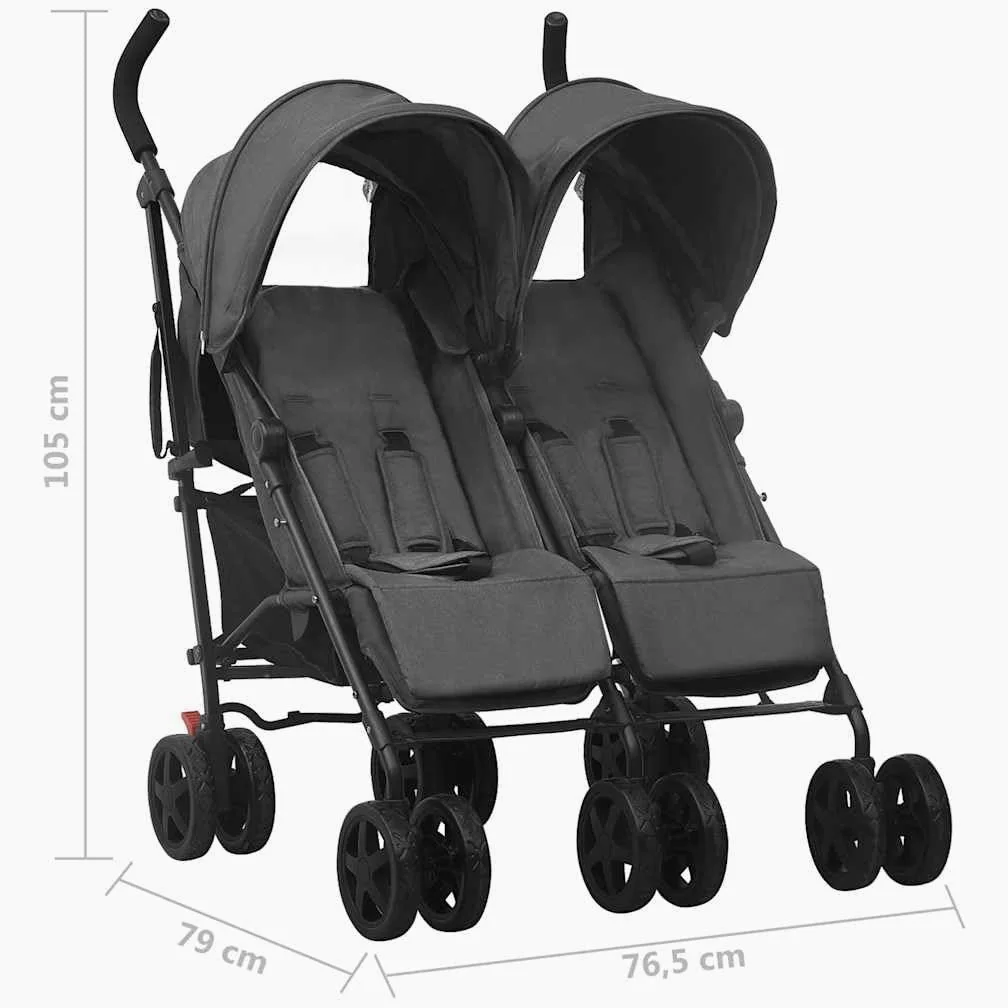 vidaXL Geschwisterwagen mit 12 Rädern Korb Traggürtel Zusammenklappbar Verstellbar Kinderwagen Zwillingswagen Zwillingsbuggy Buggy Anthrazit Stahl