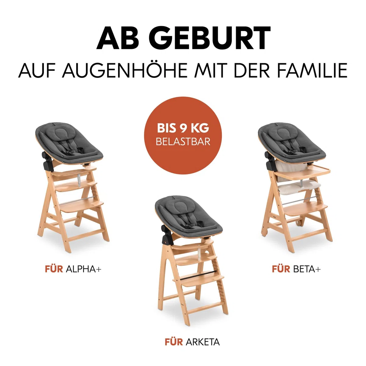 hauck Holz Babywippe & Hochstuhlaufsatz, Highchair Bouncer Eco Deep Grey | Ergonomischer 3in1 Neugeborenenaufsatz für Alpha+ & Beta+ hauck Hochstuhl ab Geburt bis 15 kg, 5-Punkt-Gurt, Baumwollbezug