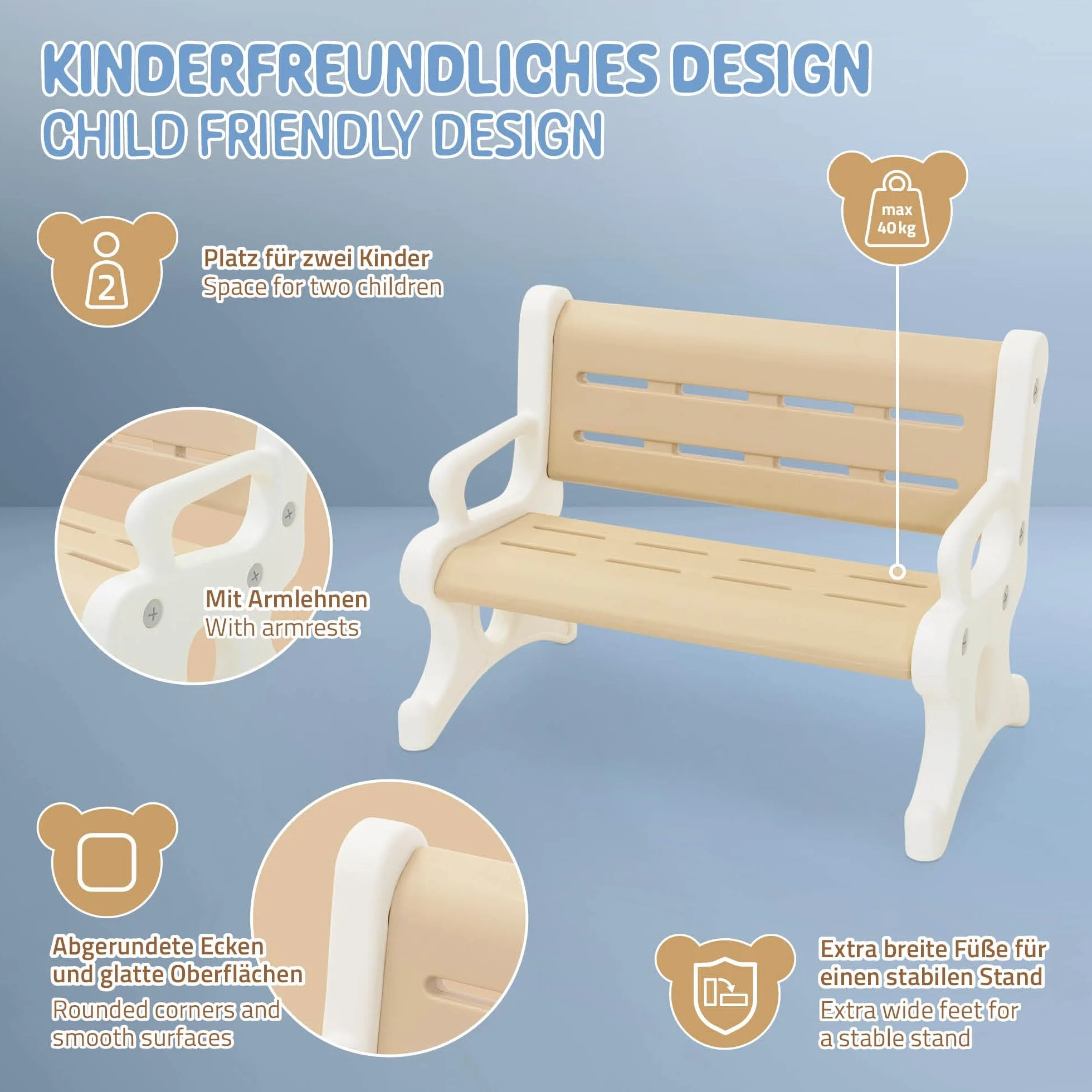 Joyz Kindersitzbank Outdoor aus Kunststoff, Sitzbank für Kinder ab 3 Jahre, Braun-Weiß, Kinderbank wetterfest mit Armlehnen, Kippschutz & Stecksystem, Kleine Bank mit 2 Sitzplätze, 81,5x59,5x48 cm