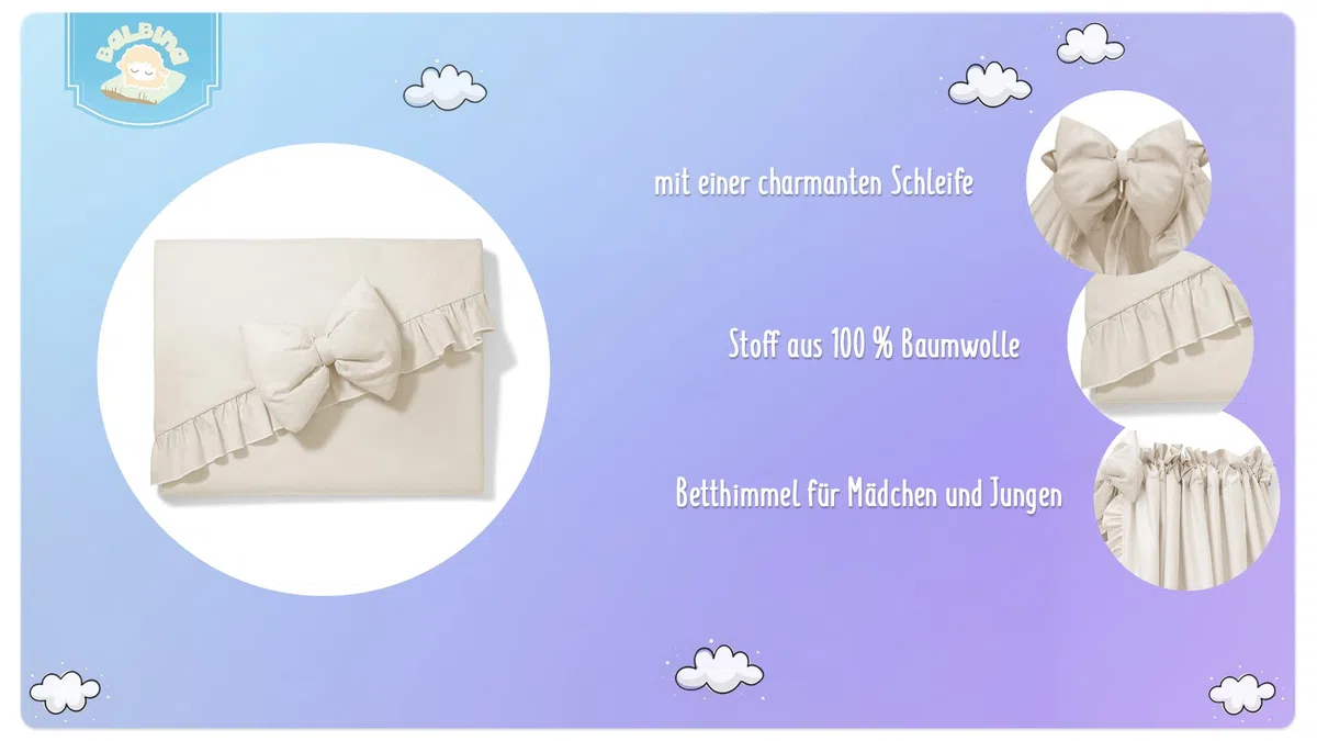 balbina Baldachin 100% Baumwolle, Deko-Set für Kinderbett, Betthimmel mit Rüsche & Schleife, Moskitonetz für Babyzimmer, Undurchsichtiger Bettvorhang ohne Himmelstange, 240 x 165 cm, Hellbeige