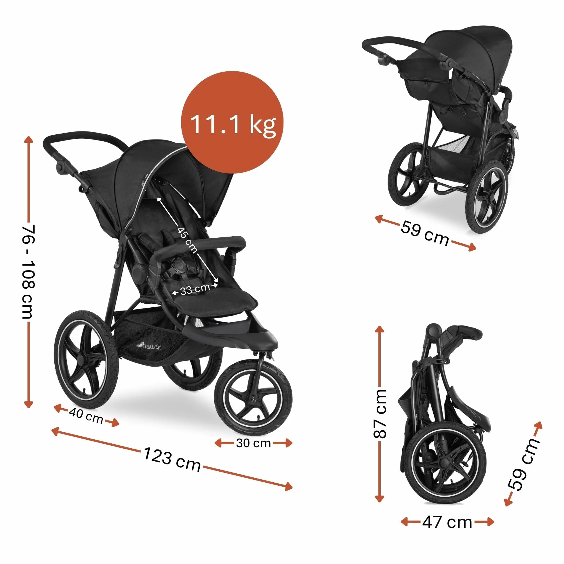 Hauck Runner 2 Dreirad Buggy Kinderwagen mit XL Luftreifen bis 22 kg, Schwarz, Federung, UV-Schutz 50+