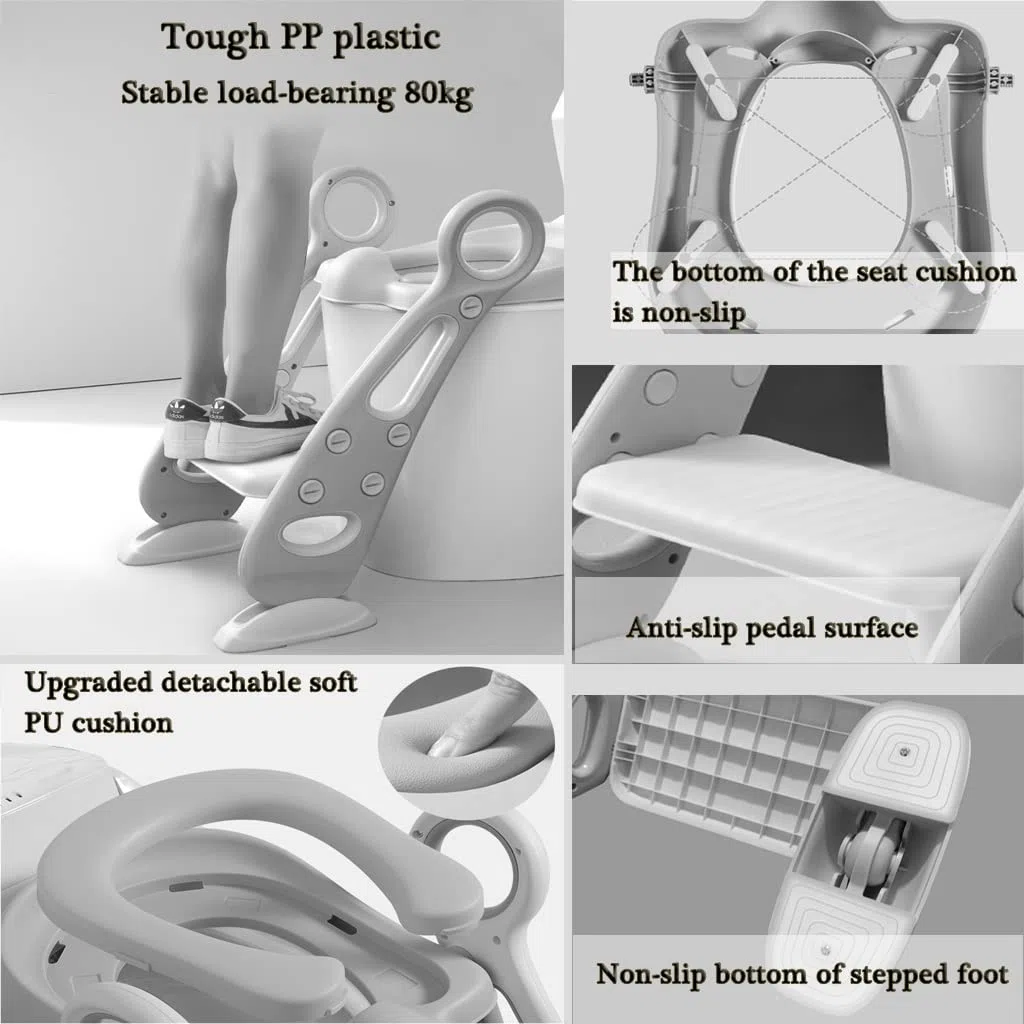 Topfchentrainer Mit Leiter Einstellbar Toilettensitz Mit Treppe Mit PU-Kissen, Zusammenklappbar Toilettentrainer Mit Treppe Für Jungen Und Mädchen, Belastbarkeit 80kg