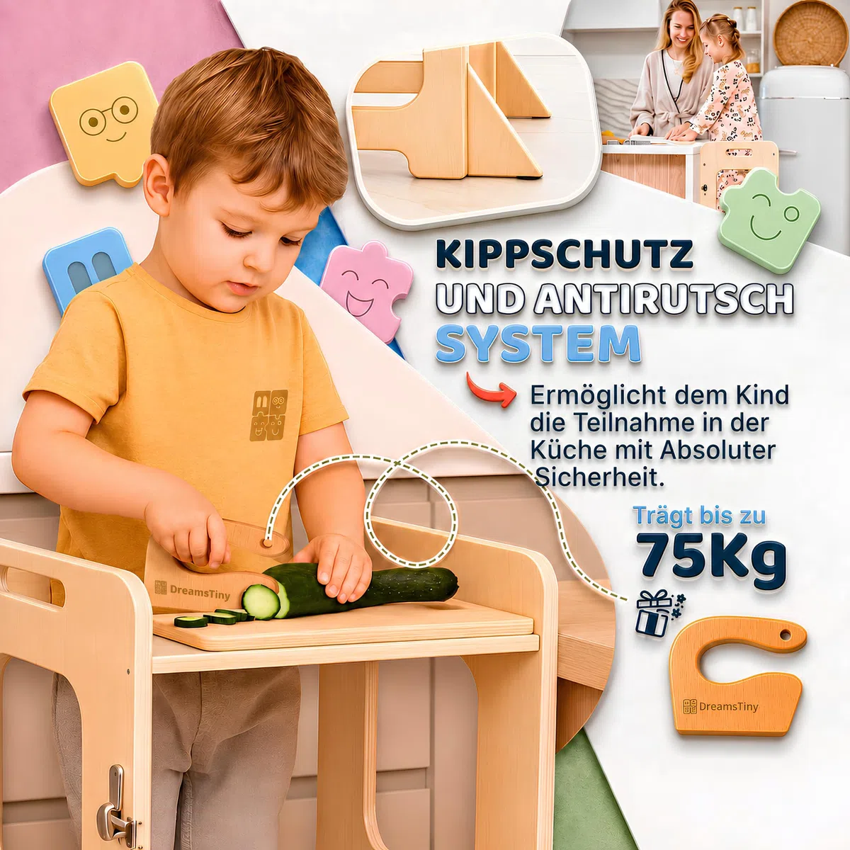 Lernturm ab 1 Jahr Klappbar 3-in-1, Lernturm mit Rausfallschutz | Inklusive Xylophon, Malbuch, Buntstiftbox, Schneidewerkzeug und Montageset, Lernturm Klappbar, Montessori Learning Tower