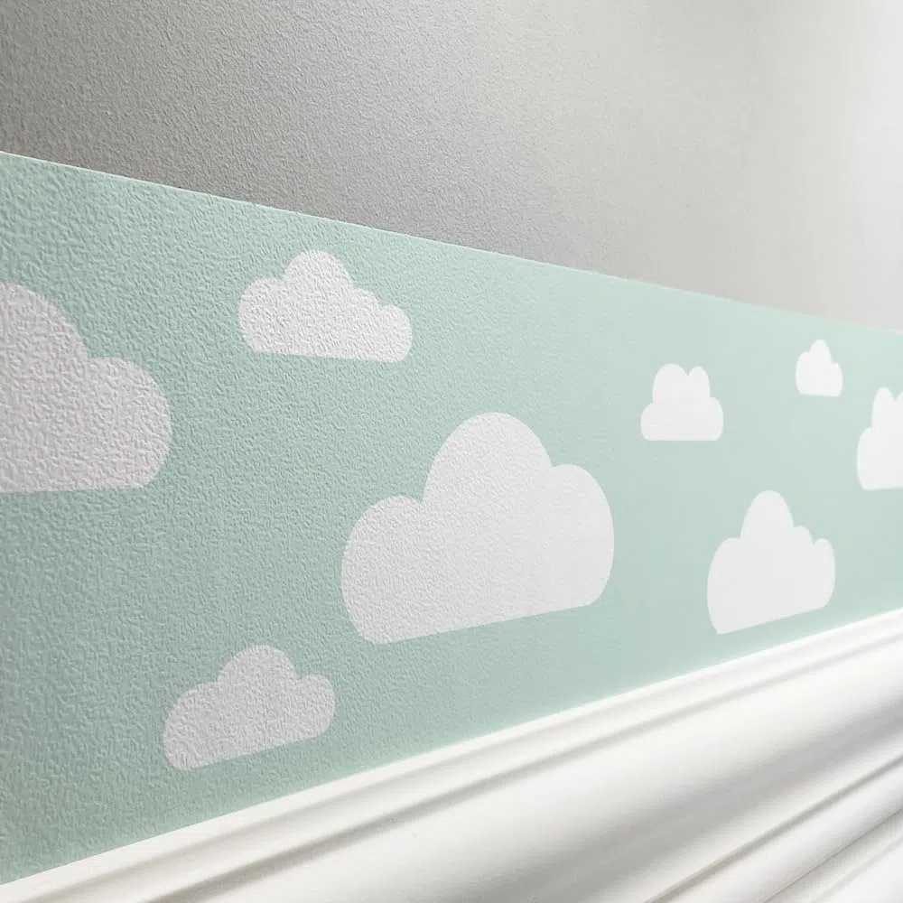 Bordüre selbstklebend WOLKE MINT GRÜN - Wandbordüre Kinderzimmer Babyzimmer mit Wolken - Wandtattoo Schlafzimmer Mädchen & Junge – Wanddeko Baby Kinder