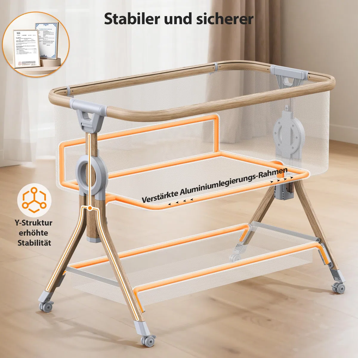Larex Beistellbett Baby,3 in 1 Babybett mit Moskitonetz,Aufbewahrungstasche & Korb,5-stufig Höhenverstellbares Babybett,4 Räder mit Bremse,atmungsfreundliche Matratze & Mesh (Dunkelgrau)