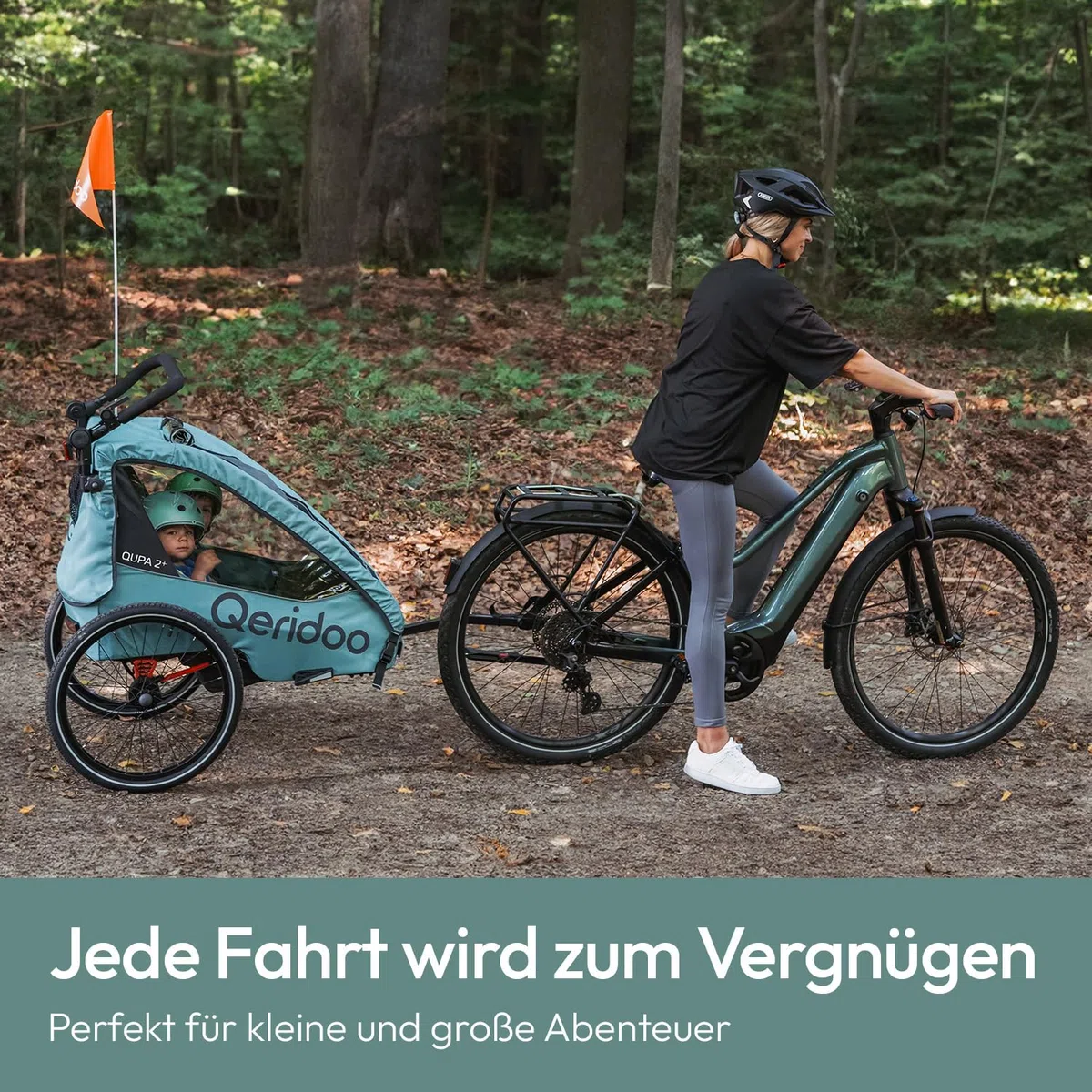 Qeridoo QUPA 2 Plus Mineral Blue | Fahrradanhänger für 2 Kinder mit Federung & 3-in-1-Verdeck | Kinderfahrradanhänger & Jogger Kinderwagen | Faltbarer Fahrrad Anhänger für Familie & Alltag