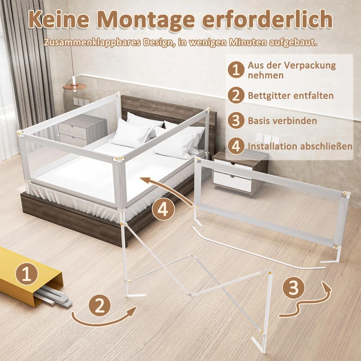 Eulenke Bettgitter Klappbar 200 cm, Bettgitter Rausfallschutz, Bettschutzgitter für Kinder Höhenverstellbar 68-95cm, einfache Montage Babybettgitter Kinderbettgitter