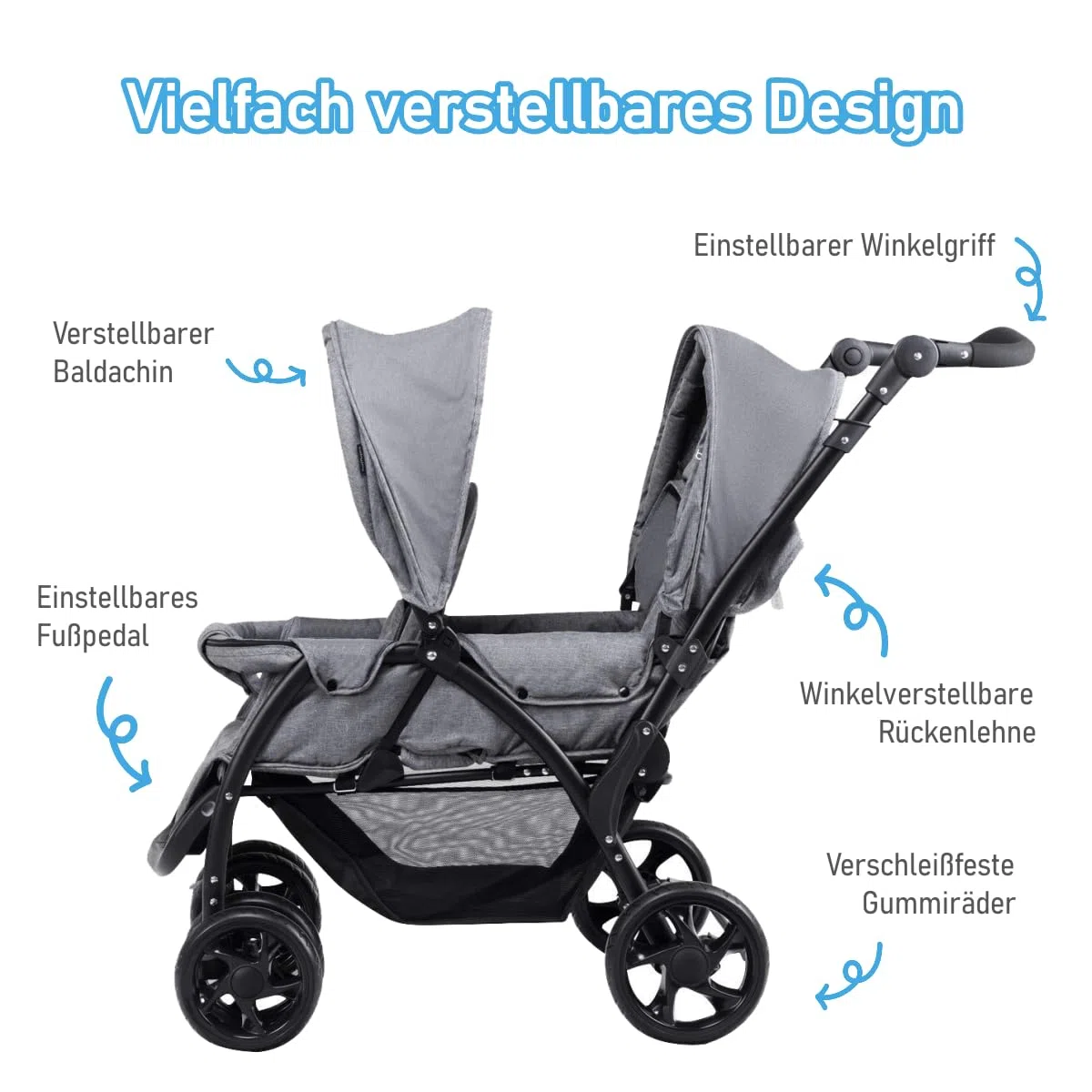 RELAX4LIFE Doppel Kinderwagen Klappbar, Geschwisterwagen mit 5-Punkt Sicherheitsgurten, Buggy Wagen mit Verstellbarem Lenker & Rückenlehne, ab der Geburt Nutzbar bis 15 kg, Grau