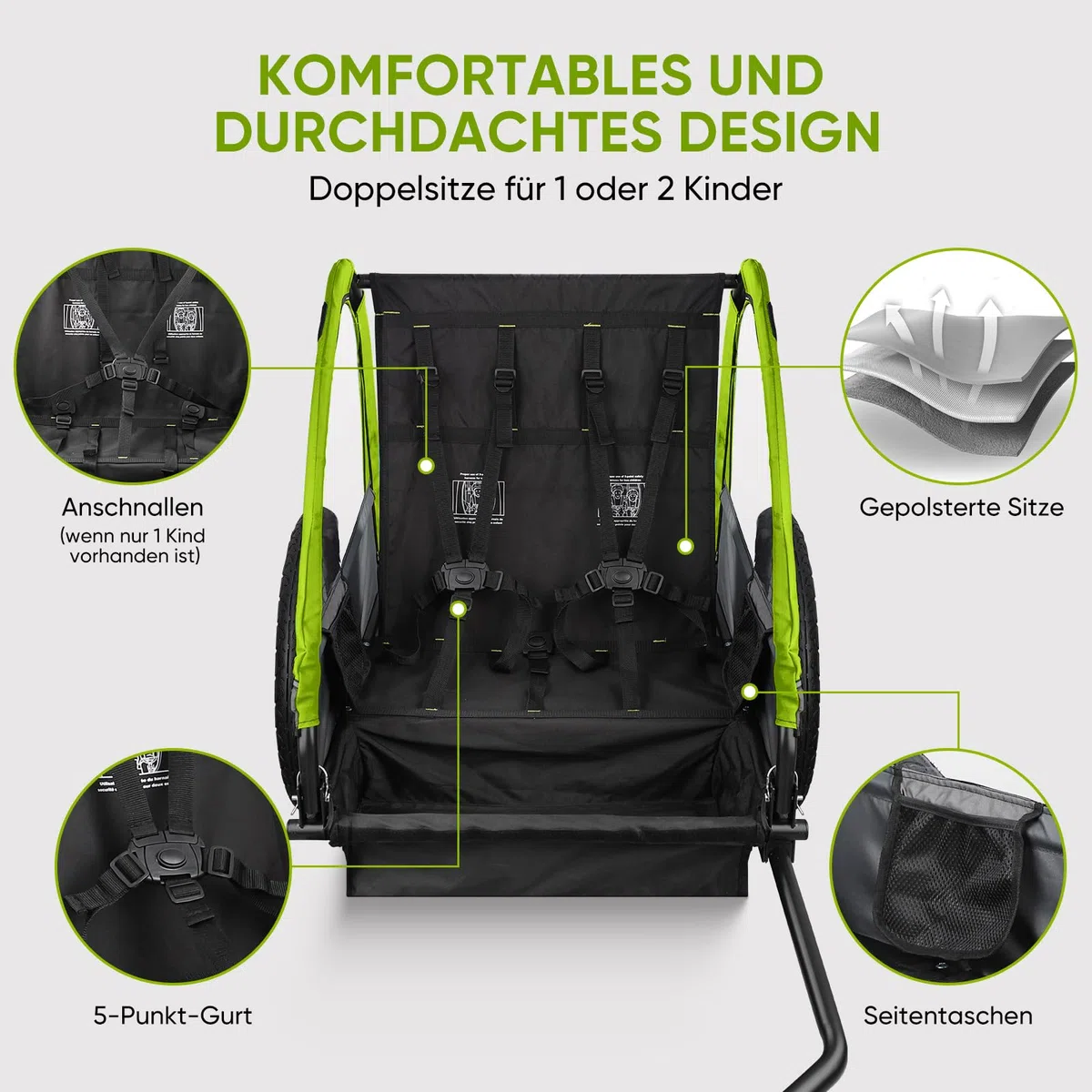 SEPNINE Kinderanhänger für Fahrrad, Fahrradanhänger für 1-2 Kinder, mit 5-Punkt-Sicherheitsgurt, Luftreifen, Handbremse, Faltbar, Max. 40 kg (Grün)