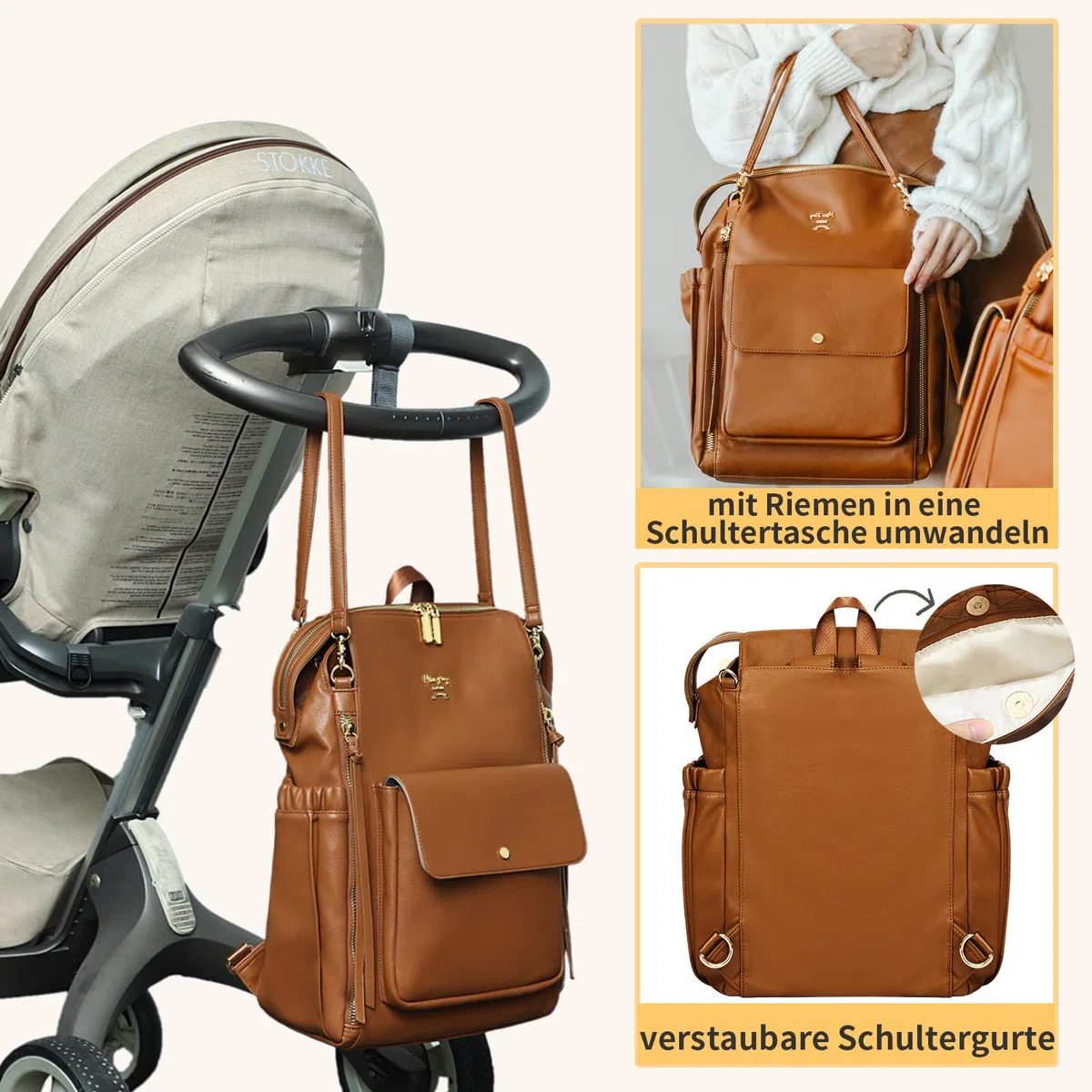 MISS FONG Wickelrucksack Wickeltasche Babytaschen Rucksack Groß Leder Baby Rucksack Kinderwagen Mom Mummy Bag Windeltasch Mit Wickelunterlage Unterwegs Schwarz Lässig Braun