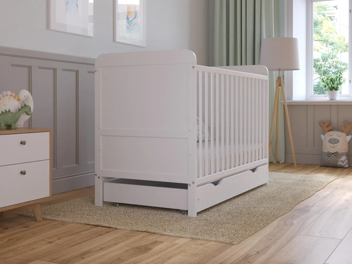 Love For Sleep Babybett Beistellbett 120x60 cm mit Schublade & Matratze - Kinderbett Holz Weiß, Babybett Komplett Set Mitwachsend Gitterbett