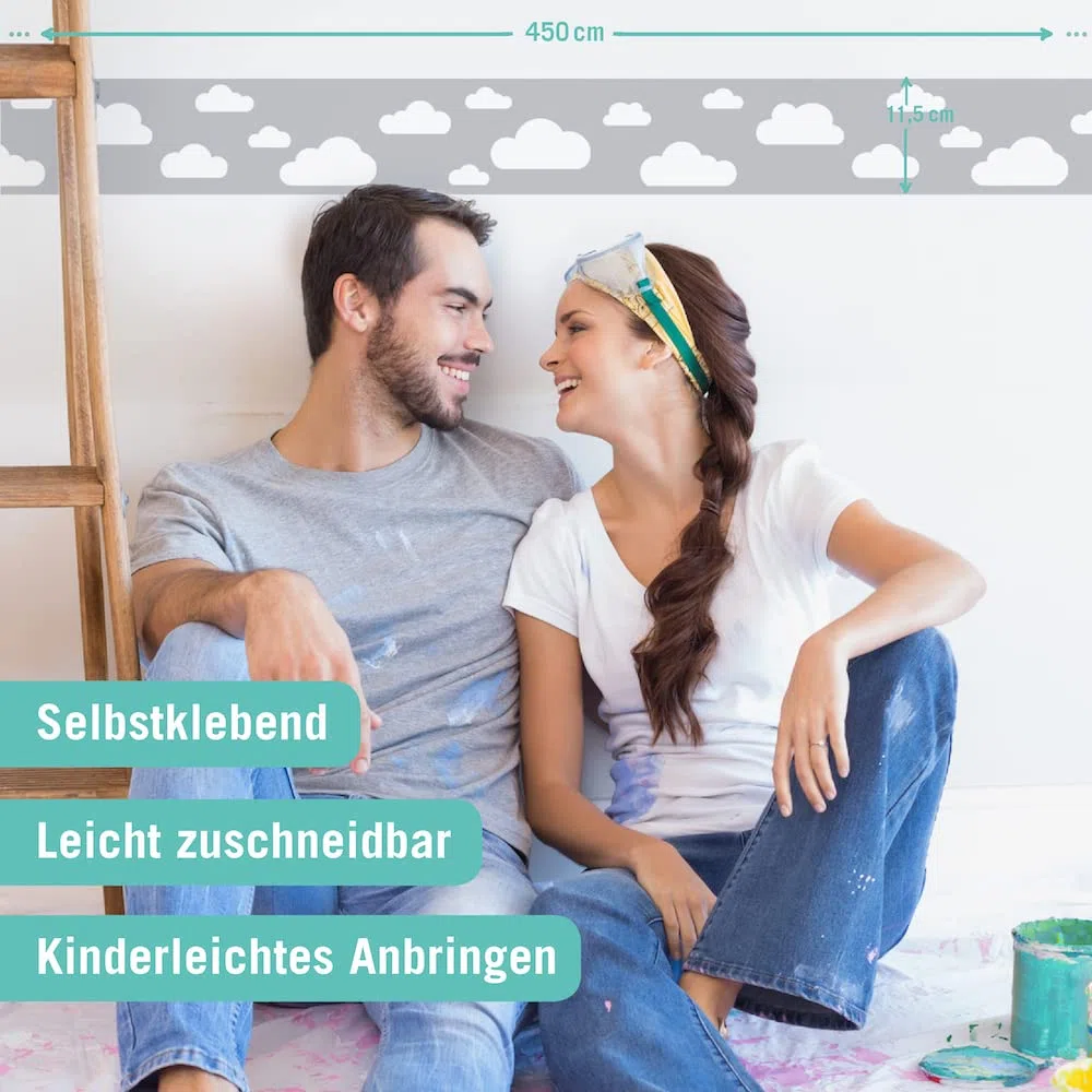 Bordüre selbstklebend WOLKE GRAU - Wandbordüre Kinderzimmer Babyzimmer mit Wolken - Wandtattoo Schlafzimmer Junge – Wanddeko Baby Kinder