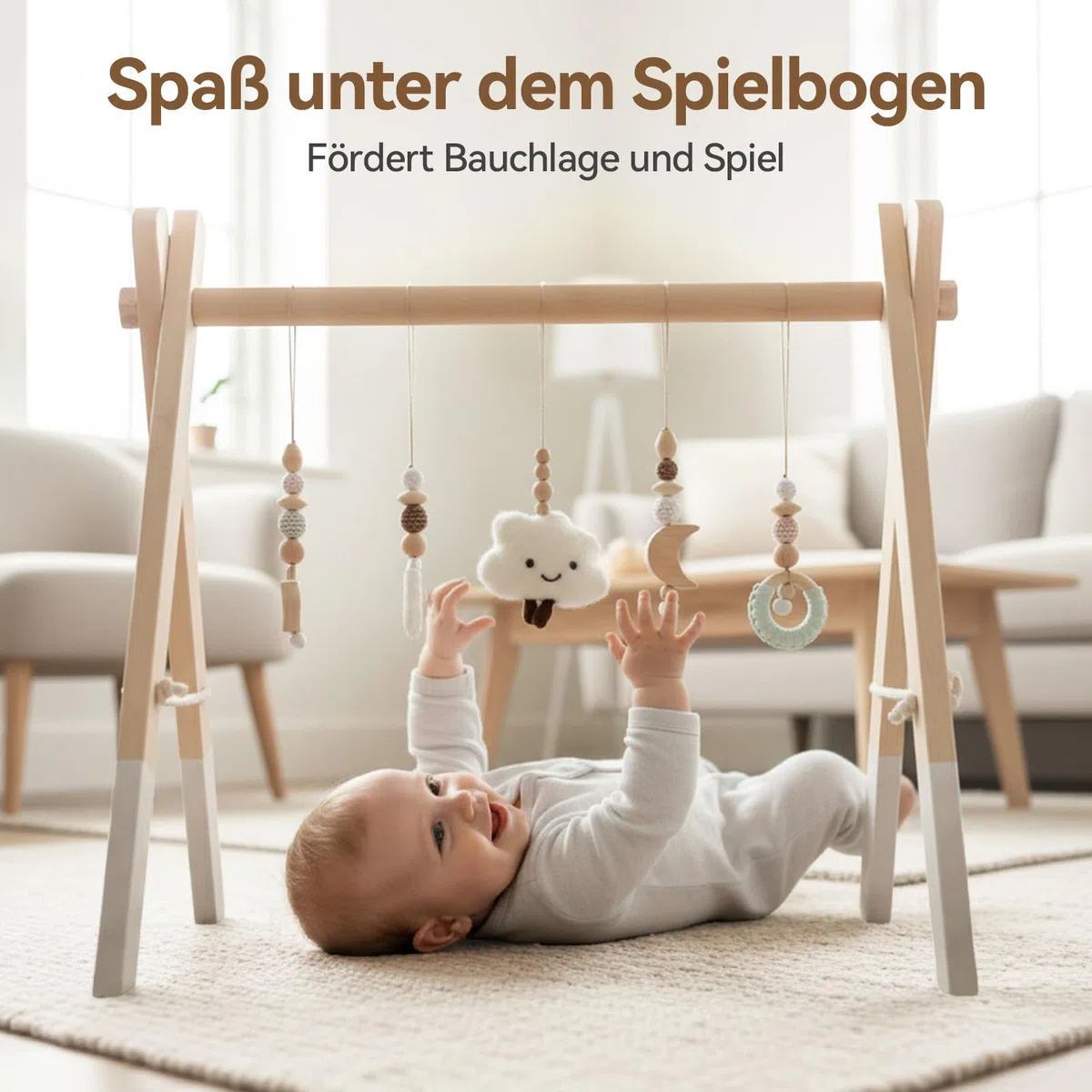 let's make Spielbogen Baby Holz- Montessori Spielbogen mit 5 abnehmbaren Sensorischen Spielzeugen, Faltbar Baby Gym Activity Center, Neugeborenes Geschenk für 0-18 Monate (Style B)