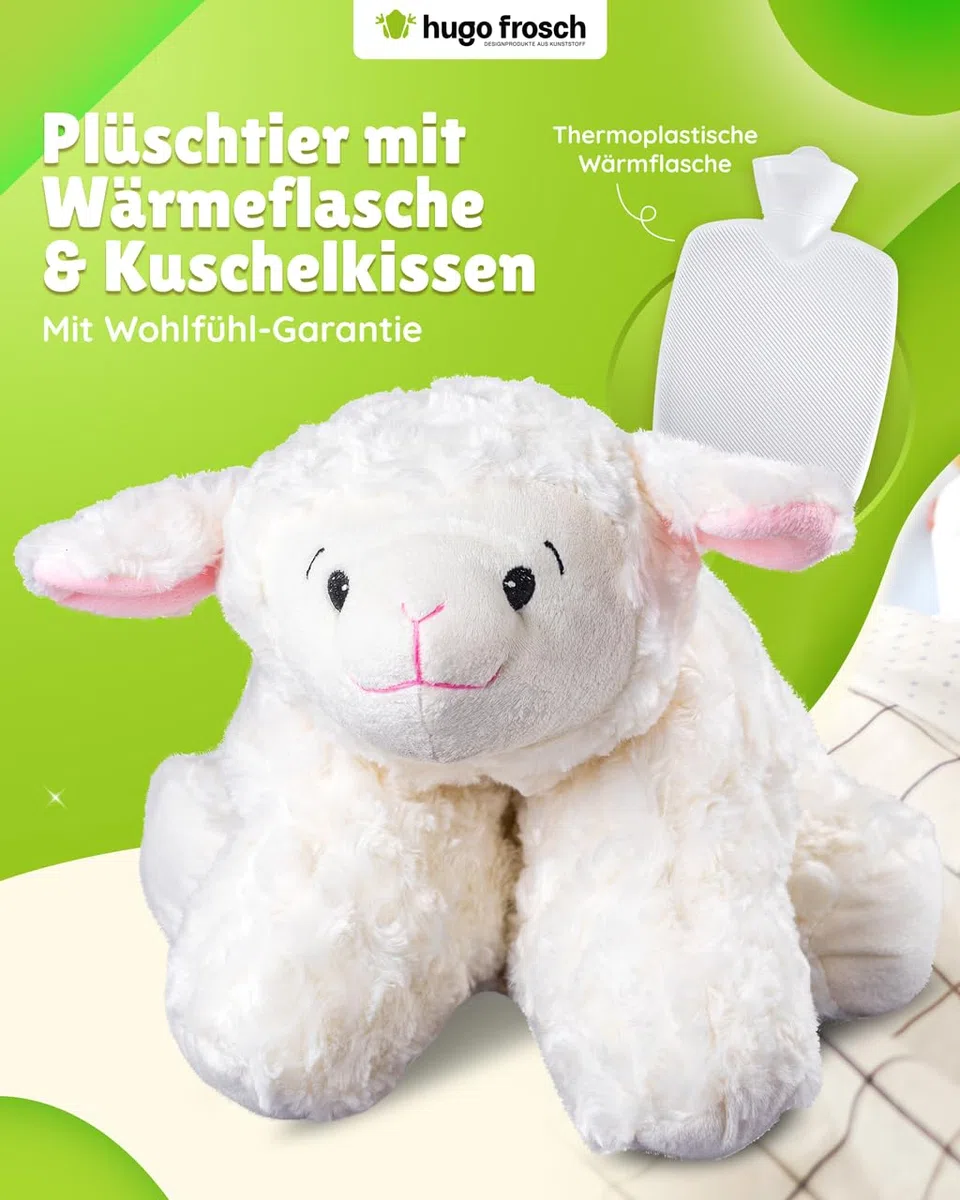 Hugo Frosch Wärmflasche Klassik 1,8l – Made in Germany – mit weichem Schaf-Kuschelkissen Weiß – große, auslaufsichere Bettflasche – langlebig & mit waschbarem Bezug
