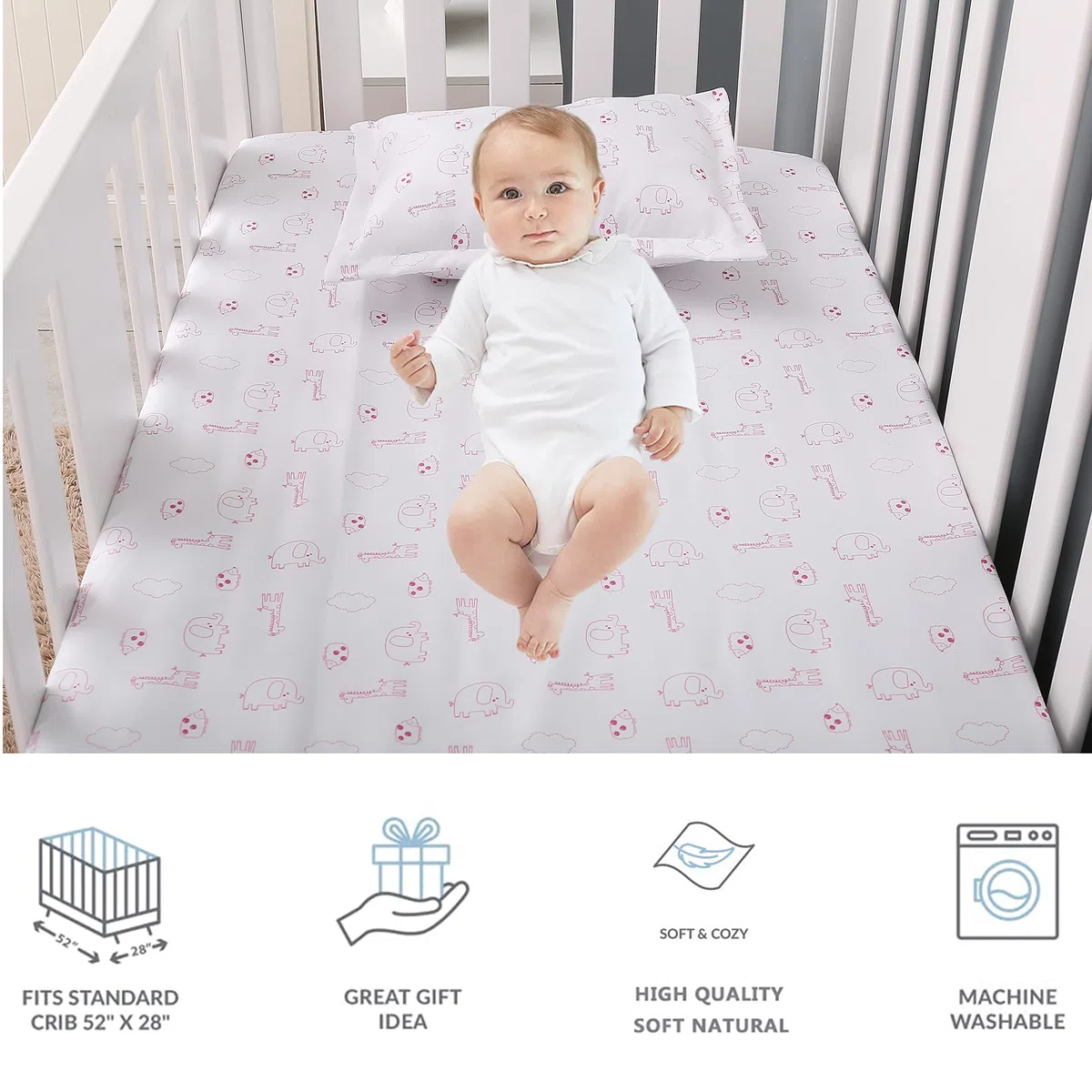 Brandream Babybettwäsche-Set für Mädchen, Jungen, Elefant, Kinderzimmer-Bettwäsche mit Bettdecke, Spannbetttuch, Bettrock, Windel, stapelbar, Dschungeltiere, Elefant, Giraffe, Vogeldruck, 4-teilig