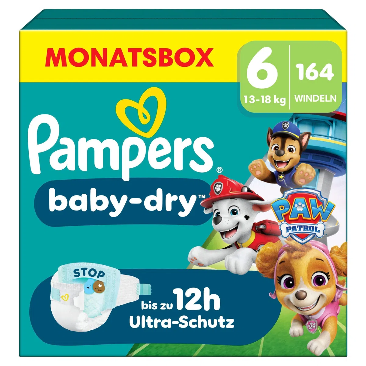 Pampers Baby-Dry Paw Patrol Edition Größe 6, 164 Windeln, 13kg-18kg, Bis zu 100% Auslaufsicher & Komfortable Nacht