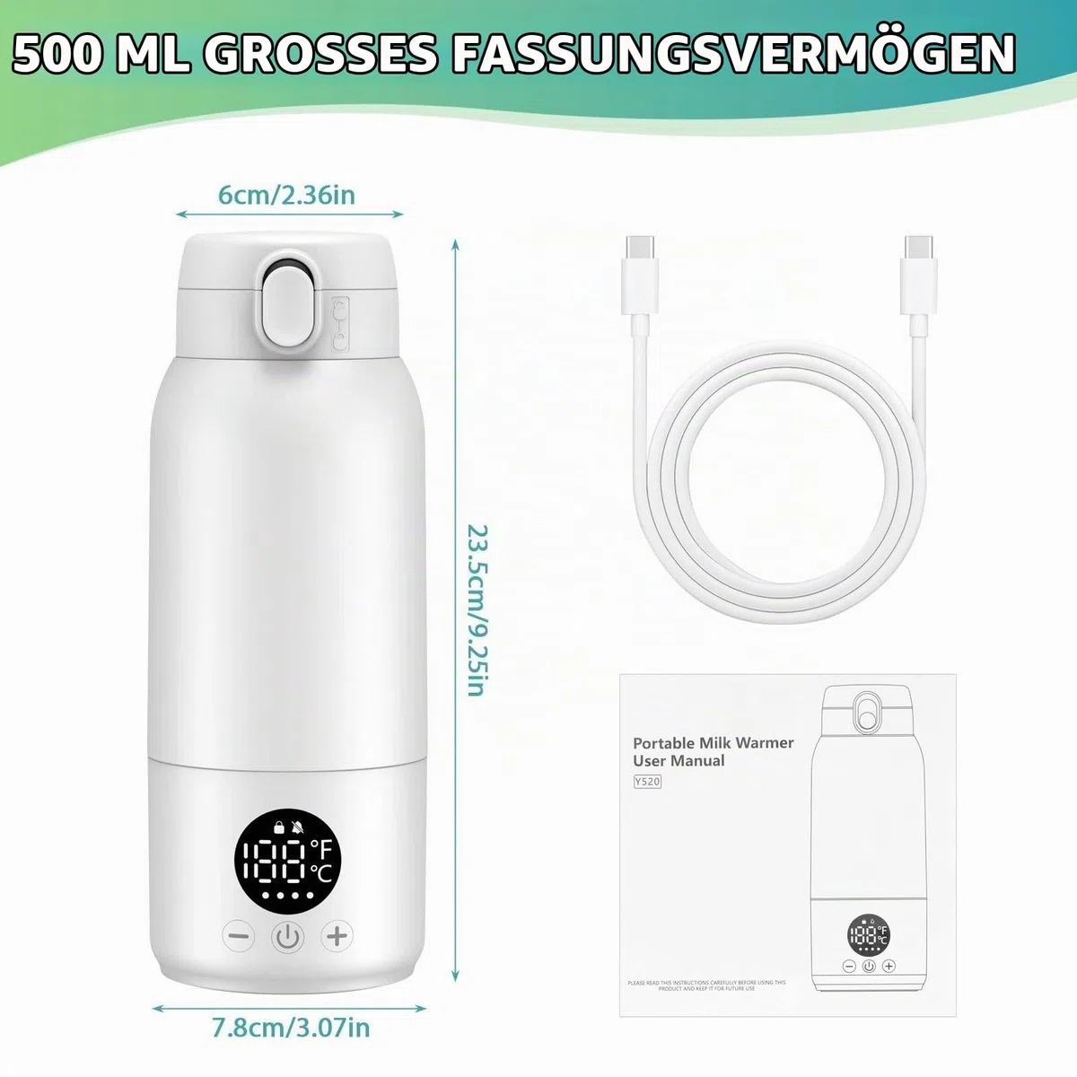 Tragbarer Flaschenwärmer Baby Unterwegs 500ml Flaschenwärmer mit Lange Akkulaufzeit 11000mAh 35-70℃ Einstellbar Babyflaschenwärmer Schnelles Aufheizen für Muttermilch und Wasser
