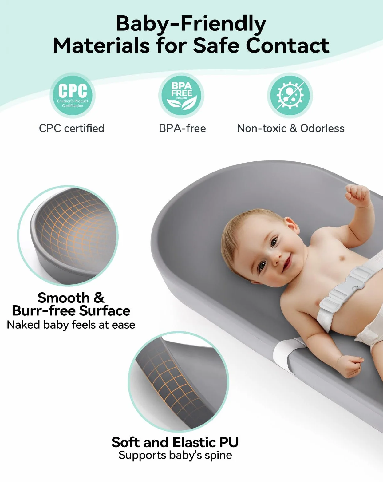 COMOMY Baby Wickelauflage Abwaschbar und Wasserdicht, Wickelunterlage auf PU-Material, Leicht und Weich Wickelmatte mit Sicherheitsgurt, 72,5x36 cm, für Kommode & Wickeltisch