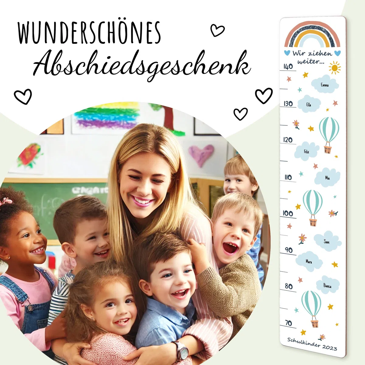 Holzura Messlatte aus Holz Personalisierbar mit Kindernamen, Wolken Design, Abschiedsgeschenk für Erzieher