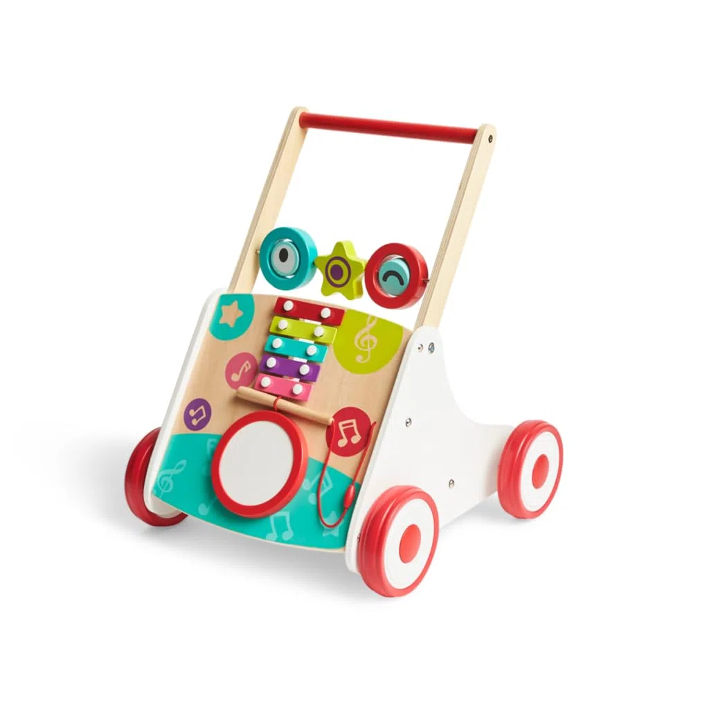 Hape Musik Lauflernwagen - Lauflernhilfe aus Holz mit Musik Xylofon, Trommel & drehbaren Blöcken, fördert Motorik, Balance und musikalische Früherziehung, ab 10 Monaten