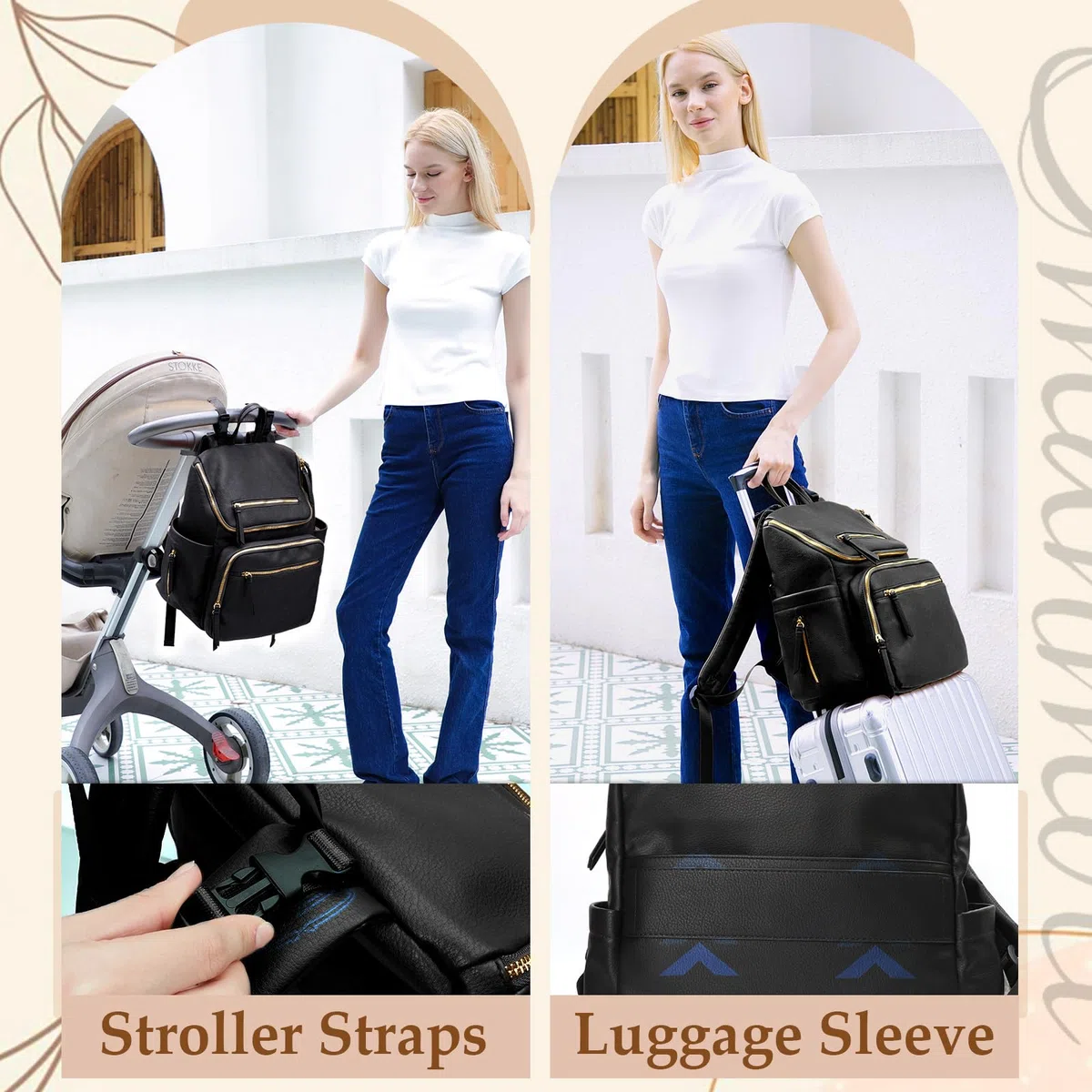 MISS FONG Baby Wickelrucksack Wickeltasche, Leder Wickelrucksack Groß Babytaschen Rucksack Lässig mit Multifunktions, 19 Wickeltasche Organizer, Wickelunterlage, Wickeltasch Kinderwagen Haken-Schwarz