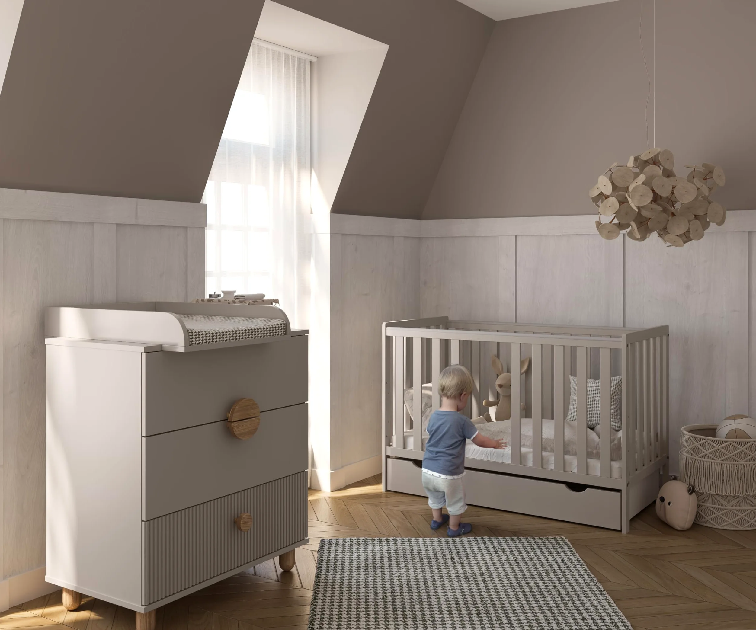 zee Bambi Kaschmir Babybett Set 120x60 cm mit Schublade & Barriere + Wickelkommode LOFT mit Wickeltisch Babyzimmer Möbel Set Kinderbett Umbaubar zum Juniorbett Baby Bed Robustes Gitterbett
