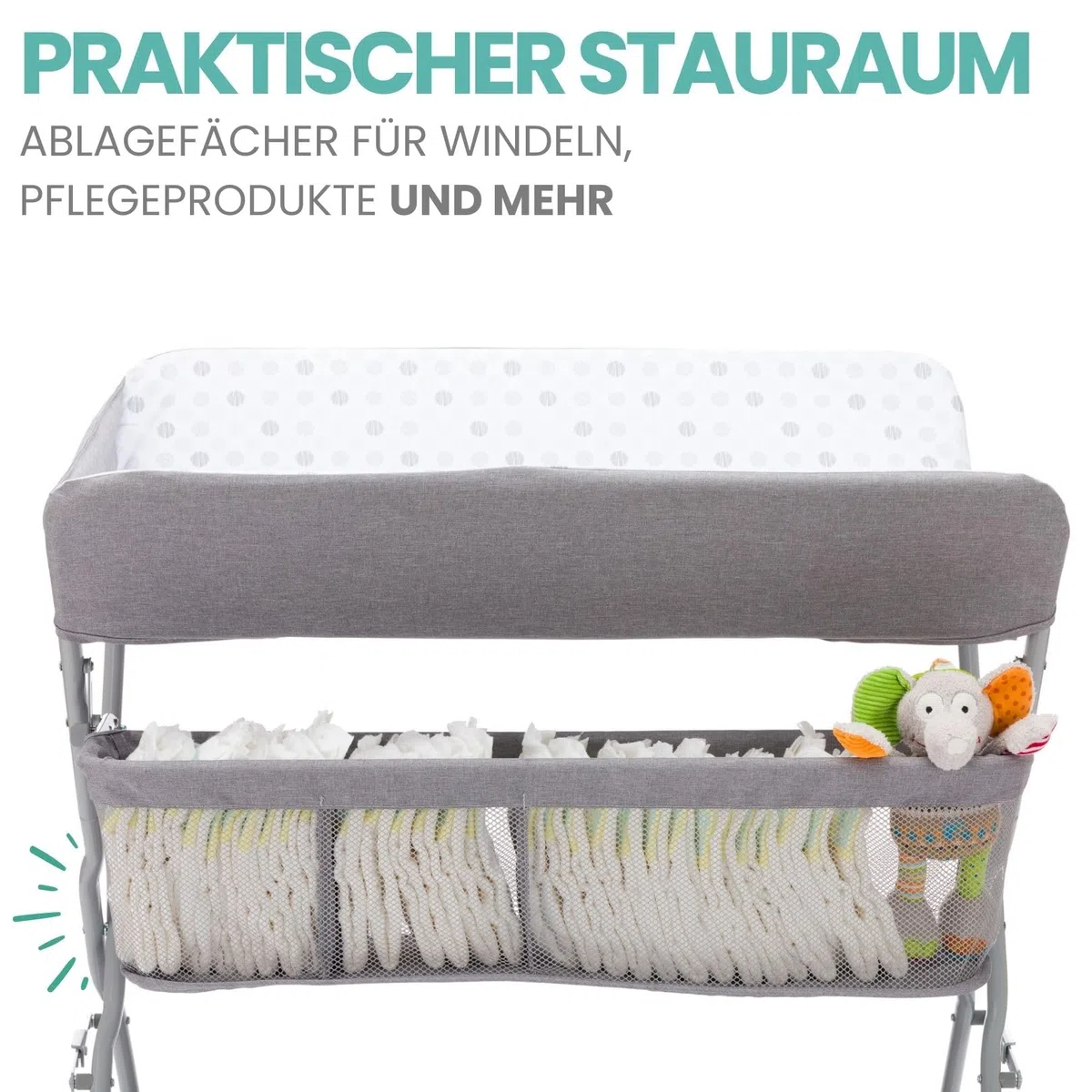 Fillikid Baby Wickelkombi - Punkte Grau | Klappbare Wickelkommode, mobiler Wickeltisch mit Wickelauflage und Ablagefächern, platzsparend und stabil