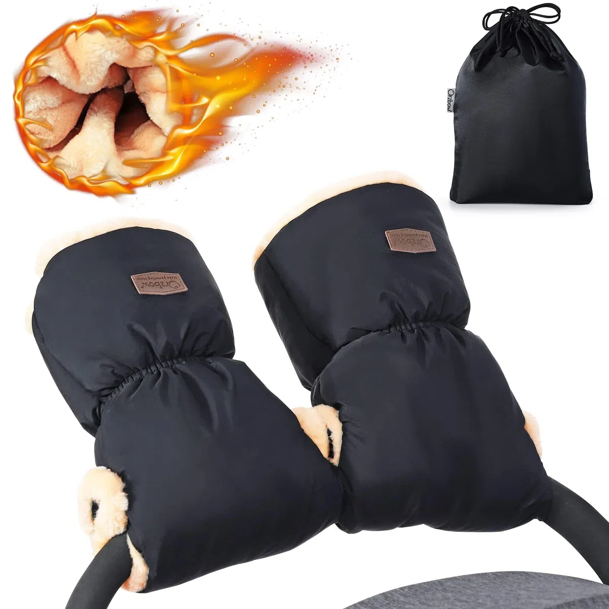 Orzbow Handwärmer Kinderwagen, Wasserdicht Künstliche Lammfell Handschuhe Kinderwagen mit Tasche, Winddicht Handmuff für Buggy, Winter Geschenk für Neue Eltern (Schwarz)