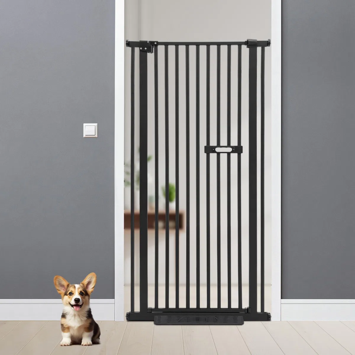 Schutztor FüR Haustiere,150cm Schutzgitter FüR Haustiere Extra Hoch Und Breit Treppenschutzgitter Mit KatzentüR & Doppelverriegelung Verstellbare Breite 76-85cm (Schwarz)