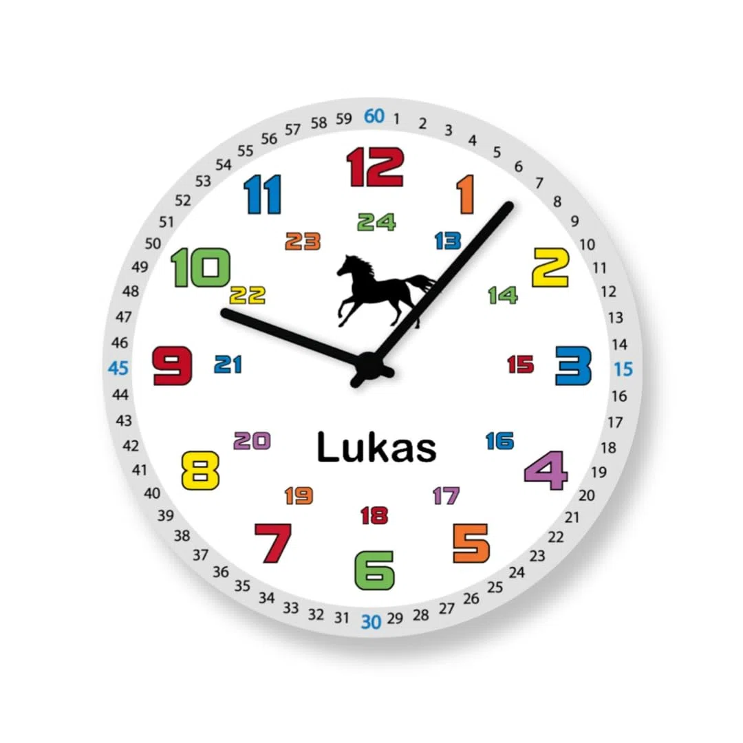 Schulanfang Lernuhr Geschenk Kinder Wanduhr Pferd große Bunte Zahlen Uhr personalisiert