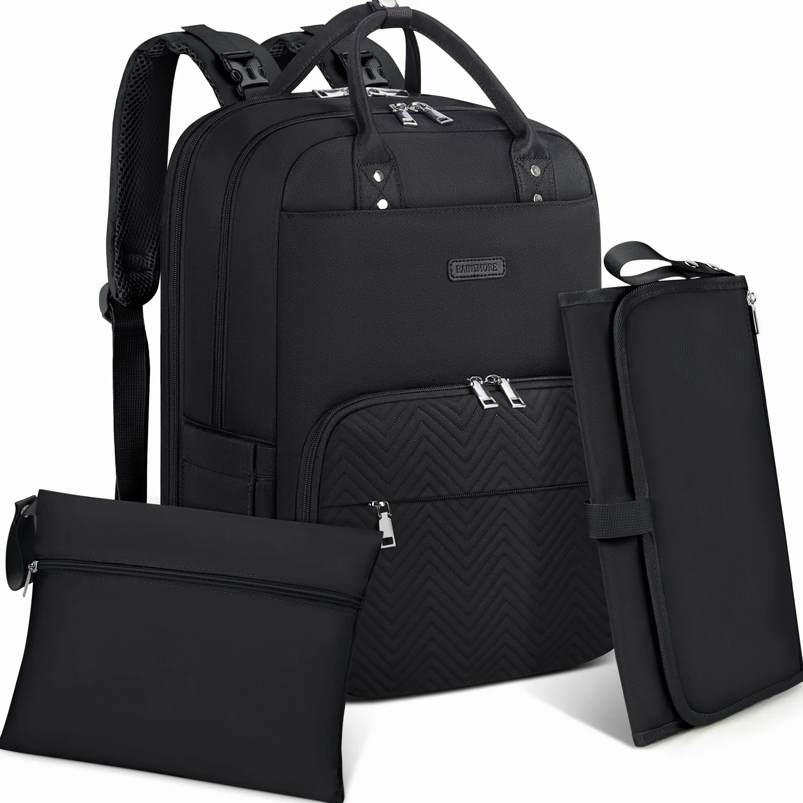 RAINSMORE Wickelrucksack Baby Wickeltasche Rucksack mit Wickelunterlage Unterwegs Groß Diaper Bag Multifunktions Baby Taschen für Mama und Papa Schwarz