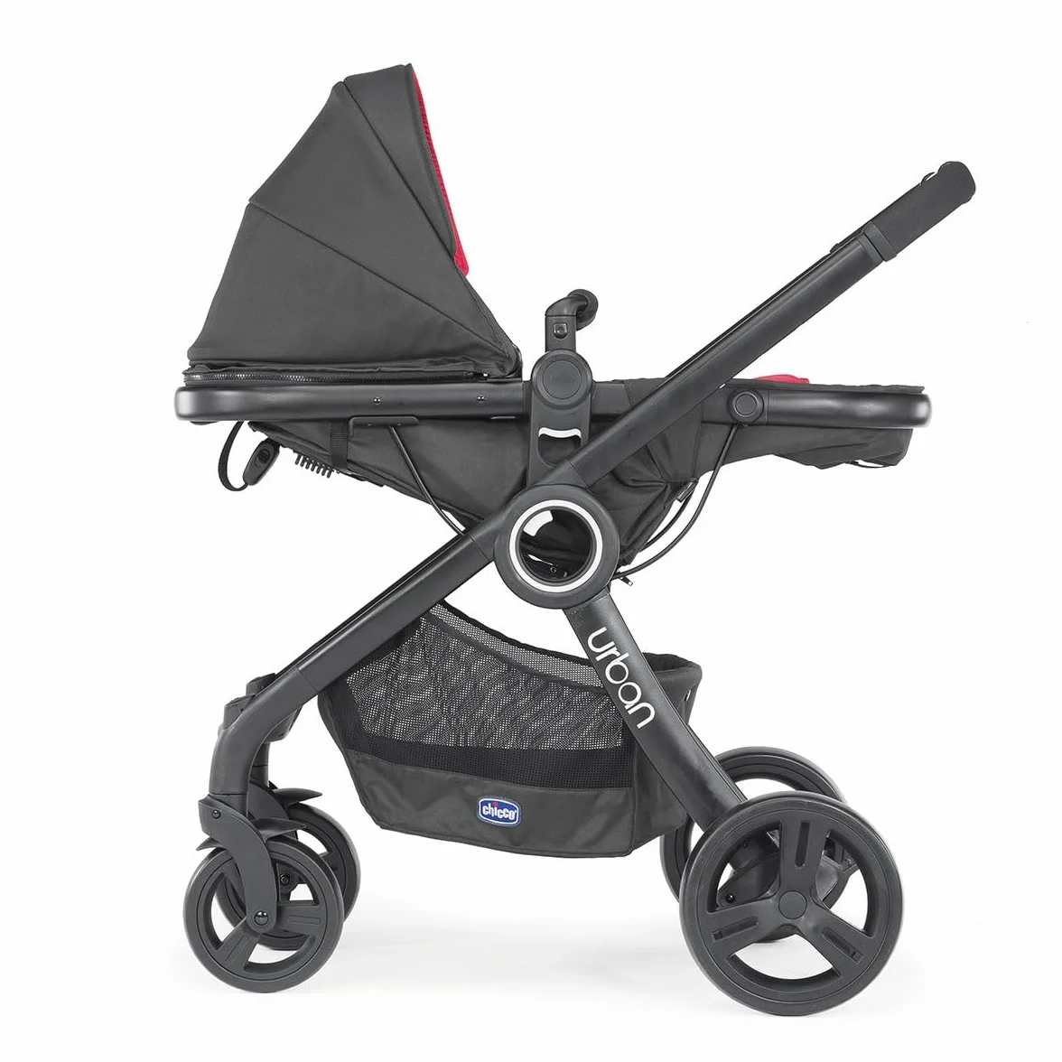 Chicco 06079418950000 Urban Plus Gestell mit Halbfester Babyschale inklusiv Regenschutz, Frontbügel, Verkleidung für Die Kinderwagenversion