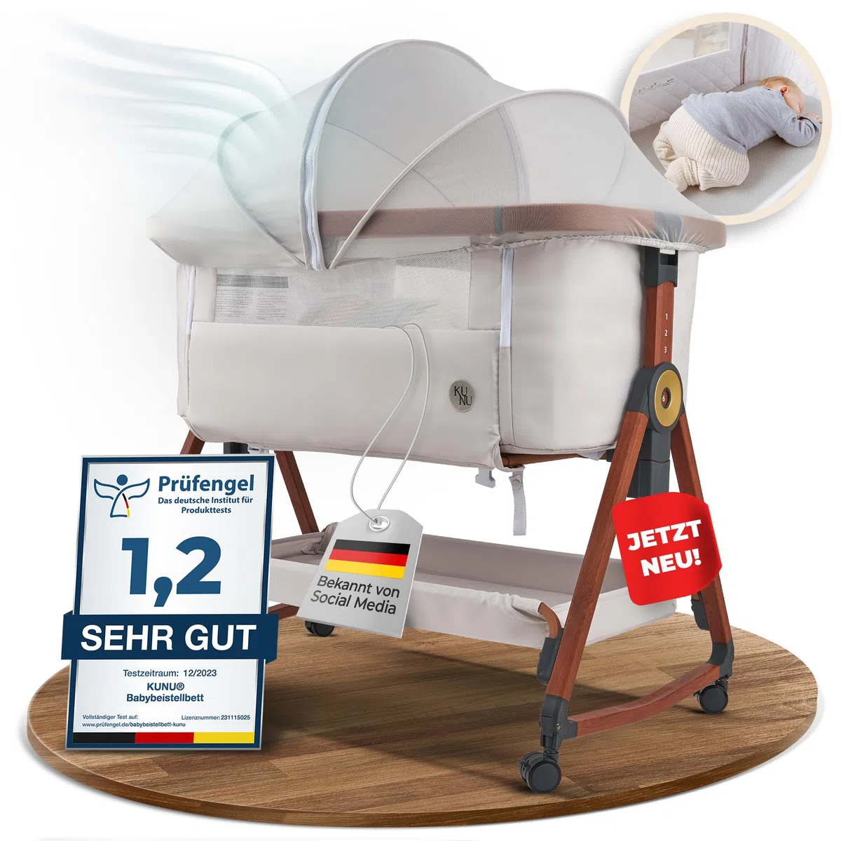KUNU Babybett Beistellbett mit Rollen für Boxspringbett 3 in 1 rollbares Baby Bett Reise Babywiege Stubenwagen höhenverstellbar inkl Reisetasche