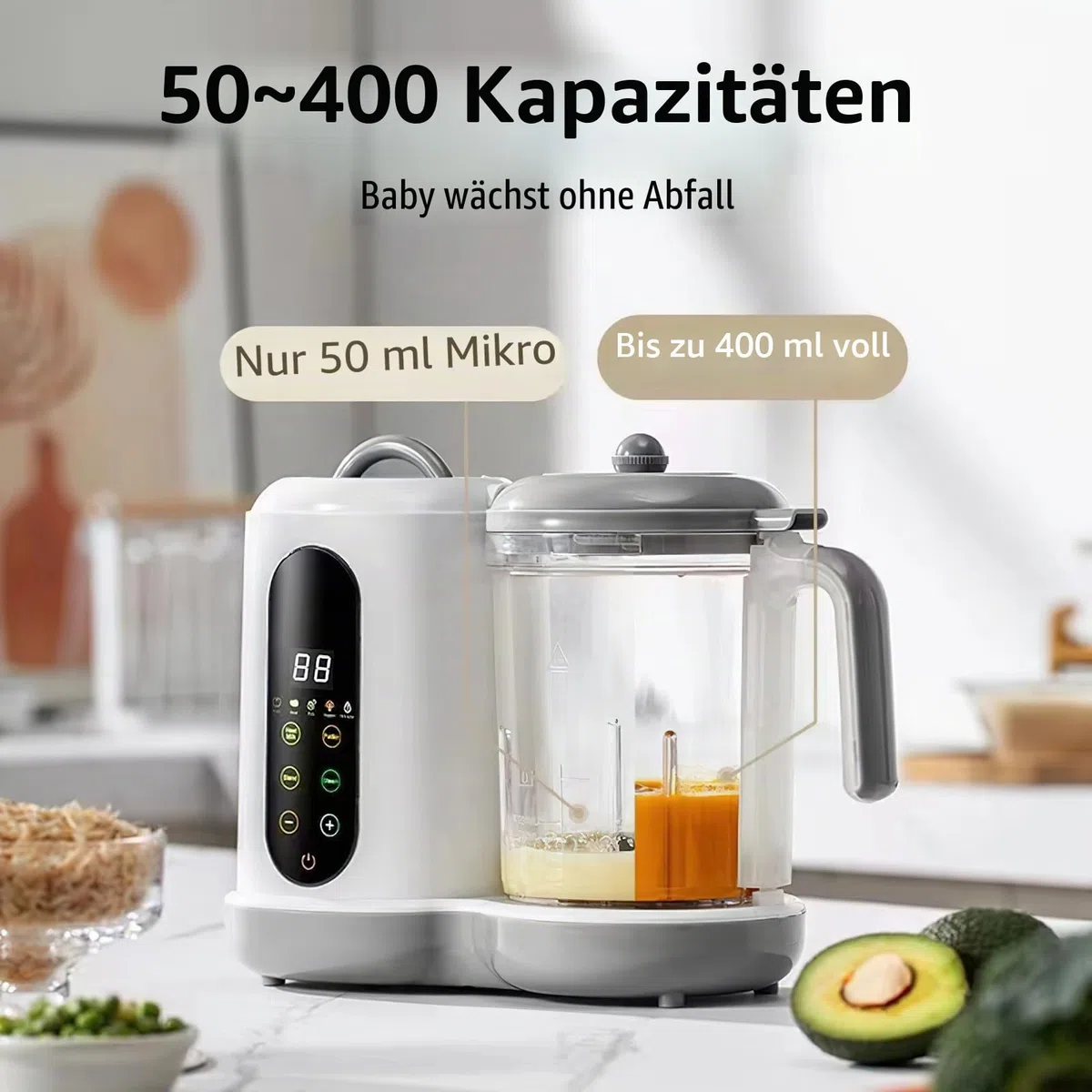 4-in-1 Babybrei Zubereiter & Dampfgarer Mixer Baby, 400ml Baby Küchenmaschine mit Touchscreen, Automatische Reinigung, Zum Garen, Mixen & Aufwärmen von Babynahrung, BPA-frei