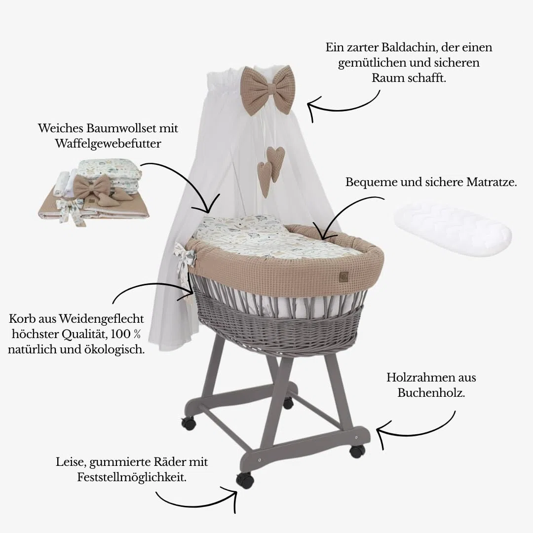 Wiklinopol Stubenwagen aus Weide mit Baldachin und Gestell Lena – Moseskorb in Grau, Komplettset mit 5-TLG. Waffel-Bettwäsche Kaninchen Beige – Mit Rollen, Tragbar, Sicher