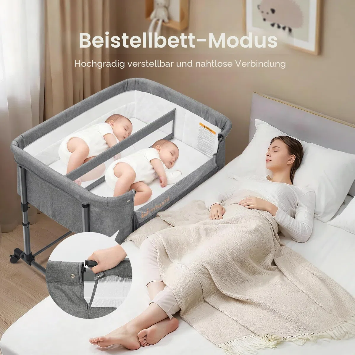 MTWML Zwillingswiege für 2 Babys – tragbare Doppelwiege mit Tragebeutel, austauschbaren Matratzenbezügen, Verstellbarer Höhe & Sicherheitsgurten. Zwillinge 0–6 Monate Grau (Deep Grey)
